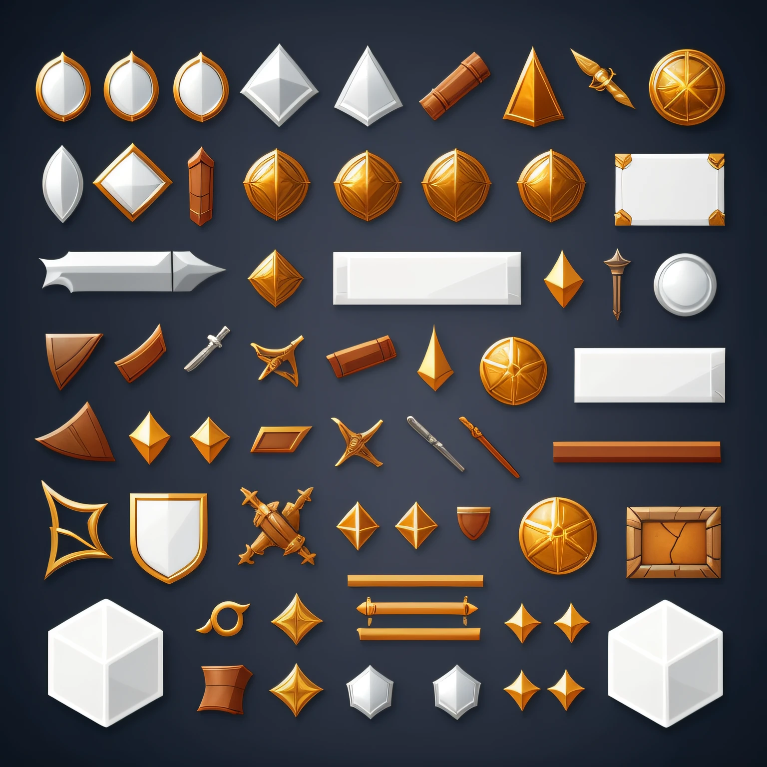 Frontal view of a set of elements of a simple fantasy game interface on a white background. Large objects. Clear lines, There is no blur. Simple interface