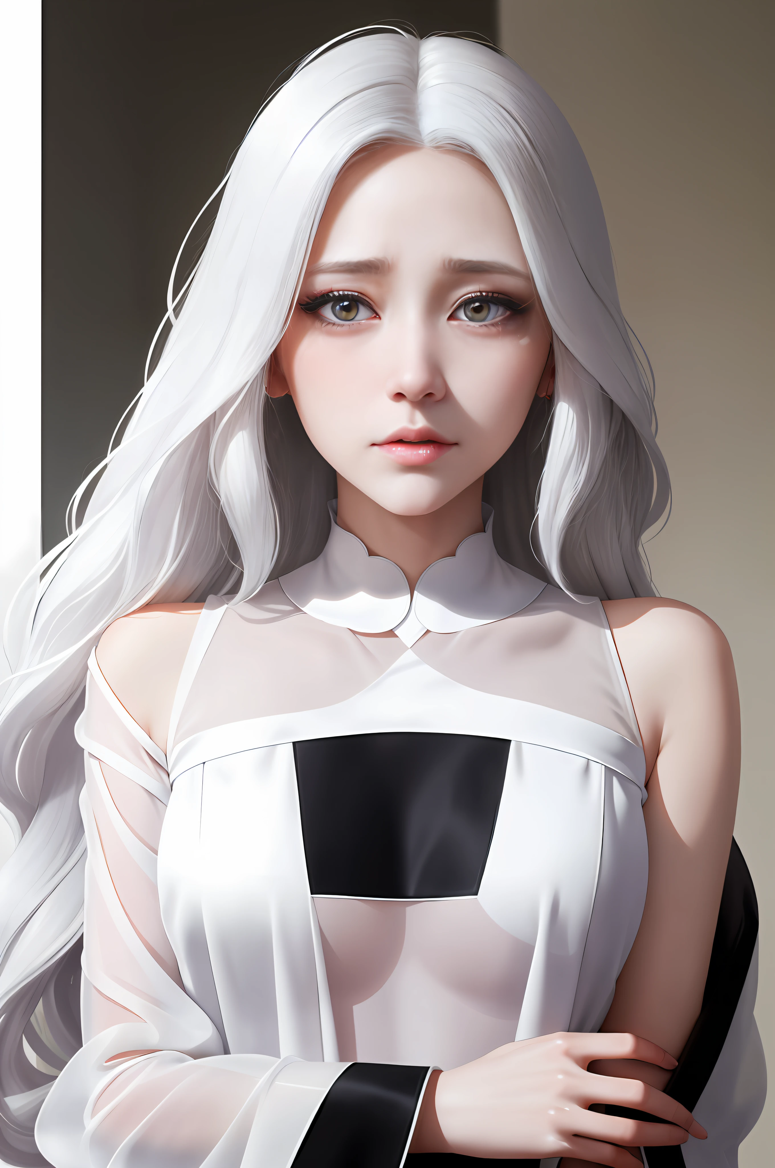 White color blouse,Transparency(6.5),nakeness,Delicate face,largeeyes,tall nose bridge,long eyelasher,long white hair,White pupils,Orgasmic face,Tears in the corners of the eyes,There is transparent white silk on the legs,