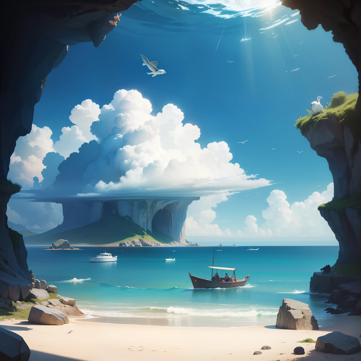 Image with sea view with animals swimming The image is for child