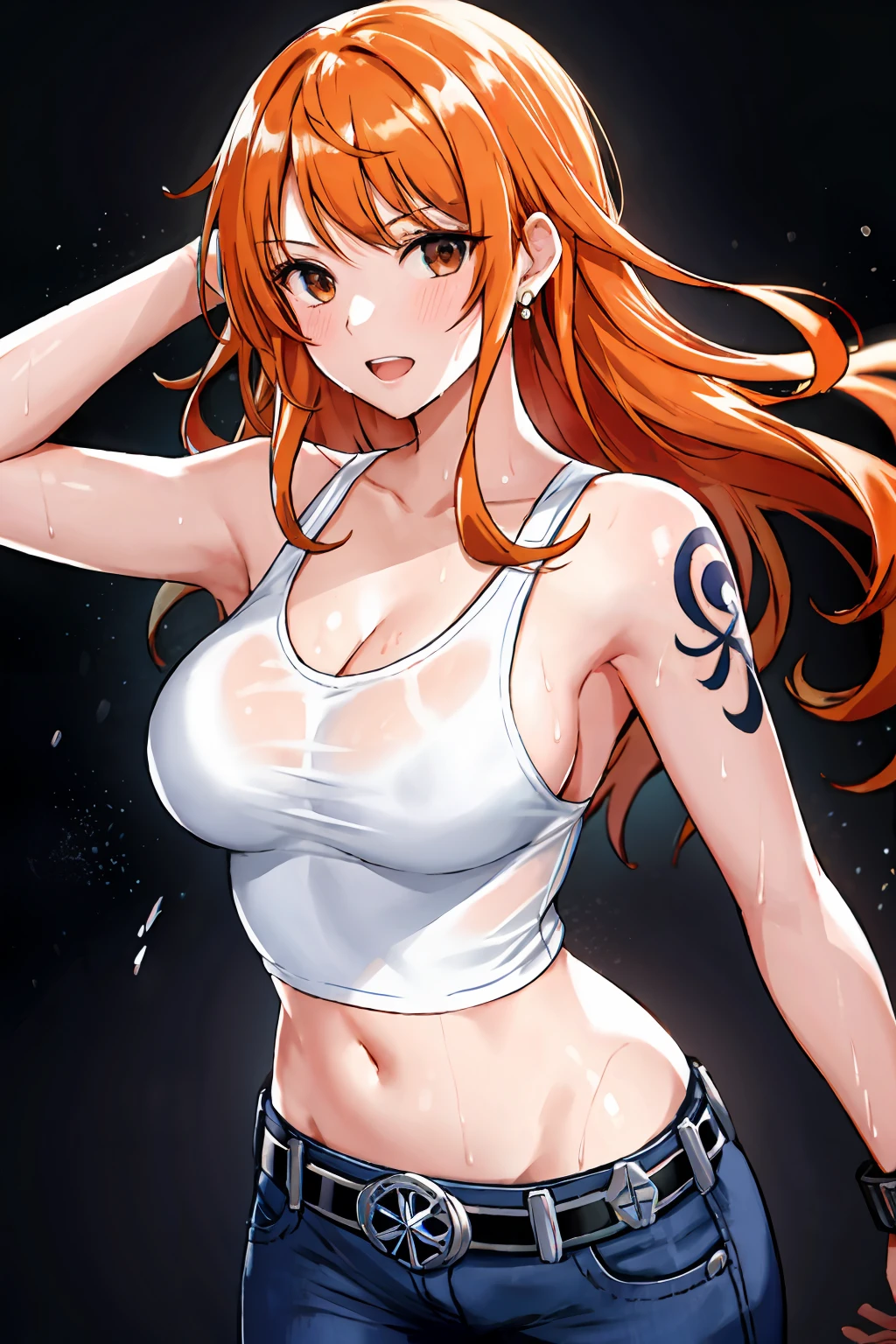 detailed background, masterpiece, 4k, best quality, late youth, adult, wrestler body, 1girl, active, energic, uppercut, (large mouth) , solo, nami \(one piece\), 1girl, bangle, (full white T-shirt, full top, very wet, drenched in sweat, sweat all over body, very wet hair, tired, taking breath, open mouth, sweaty face, sweaty body, panting, sweating too much, shiny sweat, sweat stains, leaning forward, tilting, both hands waving good bye, both hands up, bruises on body), perfect detailed face, bold drawing lines, muscular arms, detailed bold arm lines, flat jaw, adult woman, wavy wide streaked bangs,(very long left side bangs short right side bangs, lock of hair upward), floating bang streaks, (big cheeks), bare shoulders, off-shoulders, belt, blue sky, bracelet, springy breasts, breast lines, big round eyes, plain big brown shiny eyes, bubbles, high eye position, cleavage, cloud, day, denim, earrings, floating hair, shiny hair, green belt, bold groin lines, jeans, jewelry, large breasts, log pose, long hair, looking at viewer, wet hair, orange hair, pants, shoulder tattoo, sidelocks, sky, solo, standing, swimsuit, tattoo , looking at viewer, open mouth, detailed left arm, big forehead, hourglass figure, small head, toned body, wide hair, wind effect, sun effect, under the sun, narrow small ears angle, older, random poses,