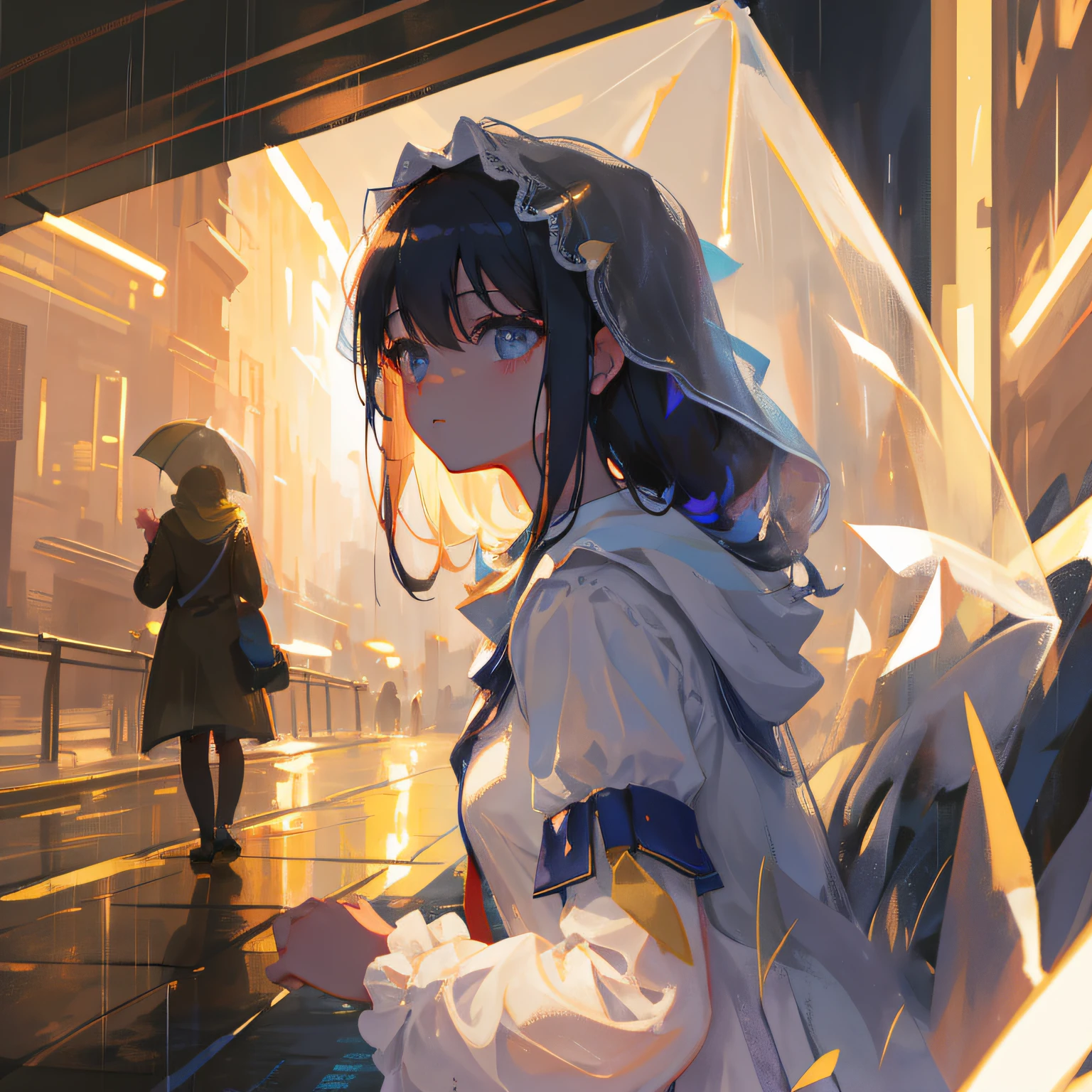 raining night，one-girl，s delicate face，Delicate light and shadow，high qulity，A high resolution，tmasterpiece，Get wet，Hazy sense of atmosphere