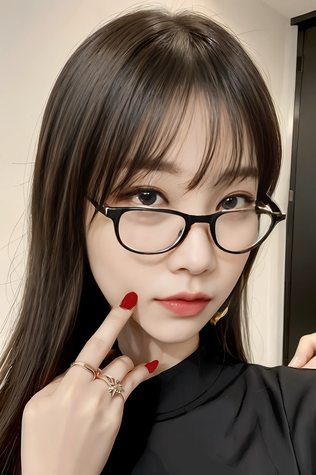 Ring on ring finger、accessorized、Black-rimmed glasses、The mouth is hidden by the mask、Black shirt、Place your hand next to your face、Nail、selfee、Left diagonally to the side、I have bangs、