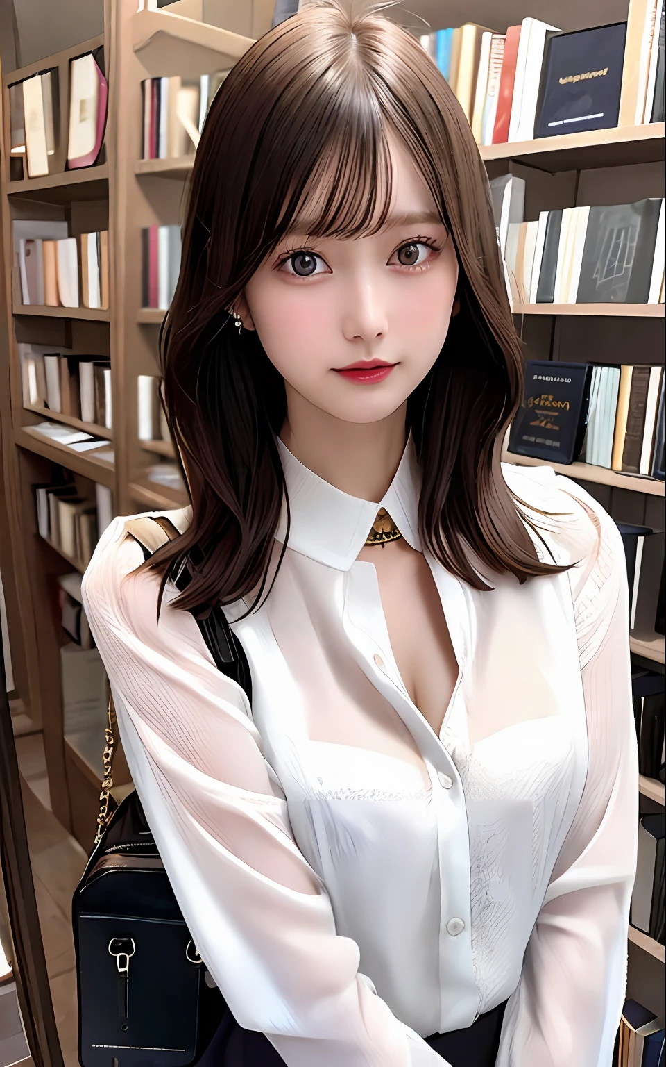 photo of a standing 30yo Caucasian woman inside a small bookshop,
intricate shirt, unbuttoned collar, Jewelry,
Detailed skin, Skin pores, (freckle:0.6), (moles:0.5), (pigmentation:0.5),
ambient warm light,
high quality photograph, 4K resolution, perfect photo was taken with a Sony dslr camera,
(Style-Empire)
