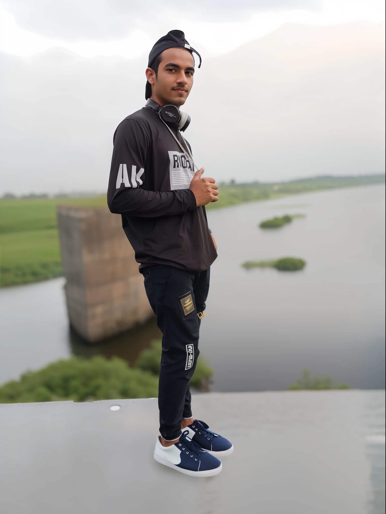arafed man standing on a ledge with a river in the background, cool pose, very artistic pose, full body picture, very very low quality picture, casual pose, with a cool p