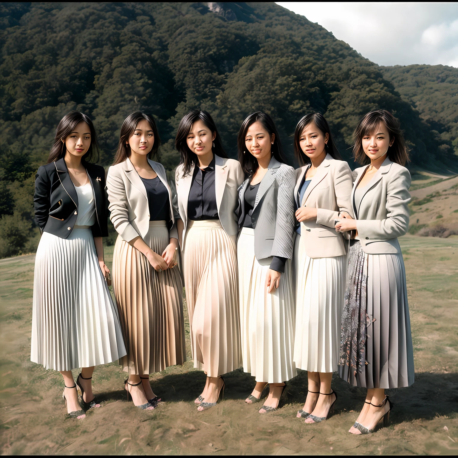 lesbian women kissing women, very (flirty smiling:1,1) good women wearing short blazers with very detailed (long (fully pleated) full circle skirts) and (simple) low heeled office shoes, very very intricate hyper-detailed symmetric (attractive graceful young feminine faces) with (sad, tired eyes and a shy smiles), large breasts, full of empathy and compassion and love, (pronounced (feminine) features), (highly detailed ultra accurate realistic) hands and fingers, (windy conditions and wind blowing), epic composition, highly detailed attributes, highly detailed atmosphere, (35mm f1.4 Kodak portra 400 photograph), extremely high quality RAW photograph, detailed background, intricate, Exquisite details and textures,