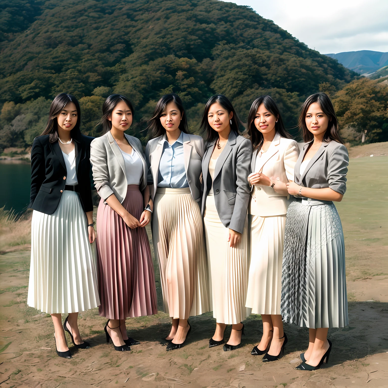 lesbian women kissing women, very (flirty smiling:1,1) good women wearing short blazers with very detailed (long (fully pleated) full circle skirts) and (simple) low heeled office shoes, very very intricate hyper-detailed symmetric (attractive graceful young feminine faces) with (sad, tired eyes and a shy smiles), large breasts, full of empathy and compassion and love, (pronounced (feminine) features), (highly detailed ultra accurate realistic) hands and fingers, (windy conditions and wind blowing), epic composition, highly detailed attributes, highly detailed atmosphere, (35mm f1.4 Kodak portra 400 photograph), extremely high quality RAW photograph, detailed background, intricate, Exquisite details and textures,