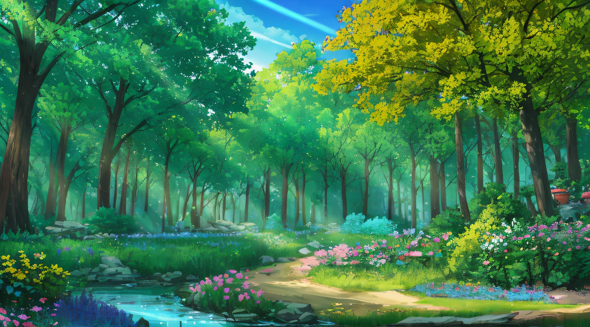 ConceptArt, no humans, scenery, garden, day, tree, forest, flowers, outdoors, nature, river, blue sky, sunbeam, sun rays
