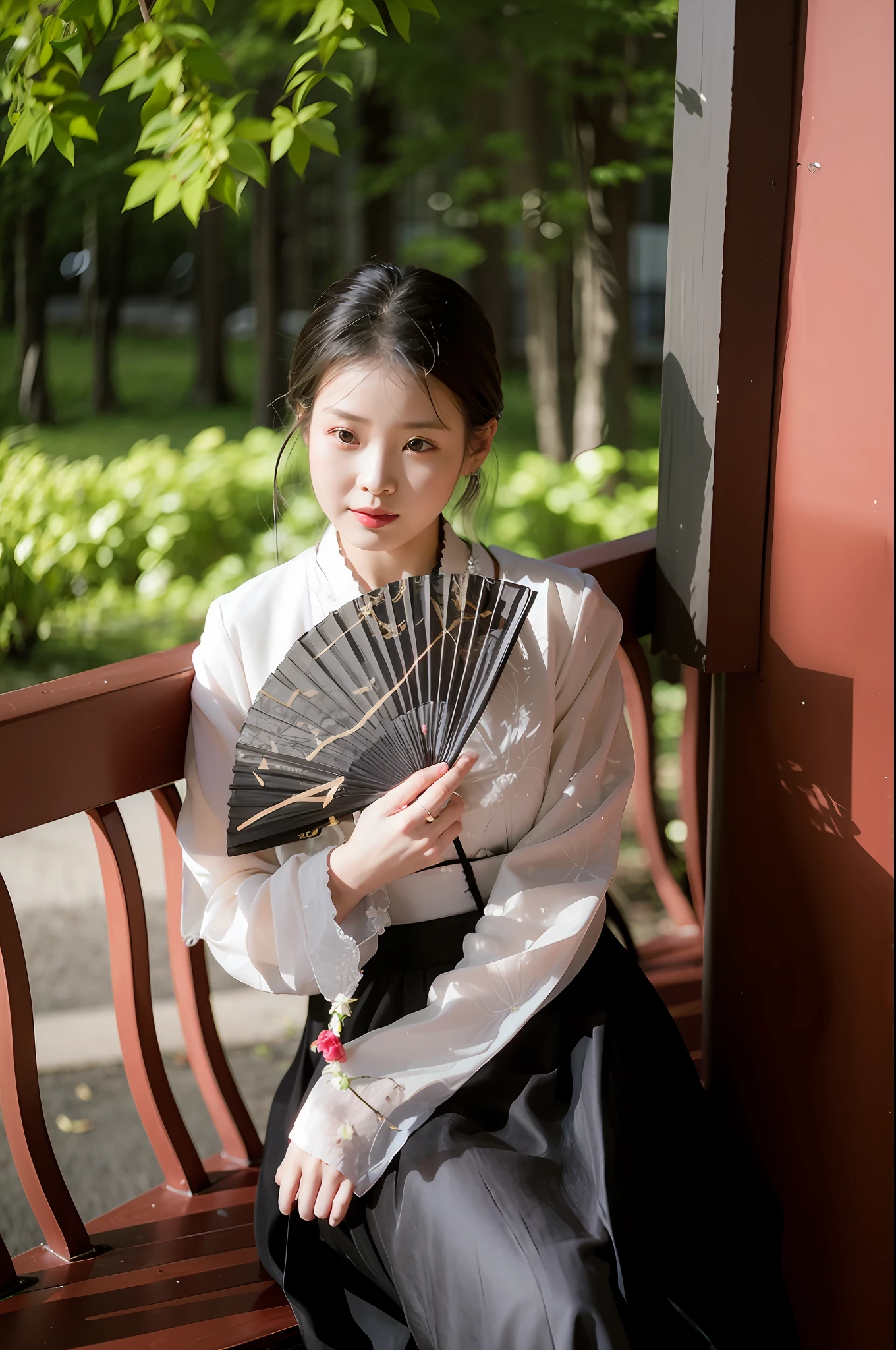 Woman sitting on bench with fan looking at her phone, Palace , A girl in Hanfu, White Hanfu, elegant japanese woman, Hanfu, Wearing ancient Chinese clothes, with acient chinese clothes, Korean woman, Traditional Chinese clothing, Chinese woman, A young Asian woman, inspired by Shin Saimdang, Chinese girl, Japanese woman, portrait shooting
