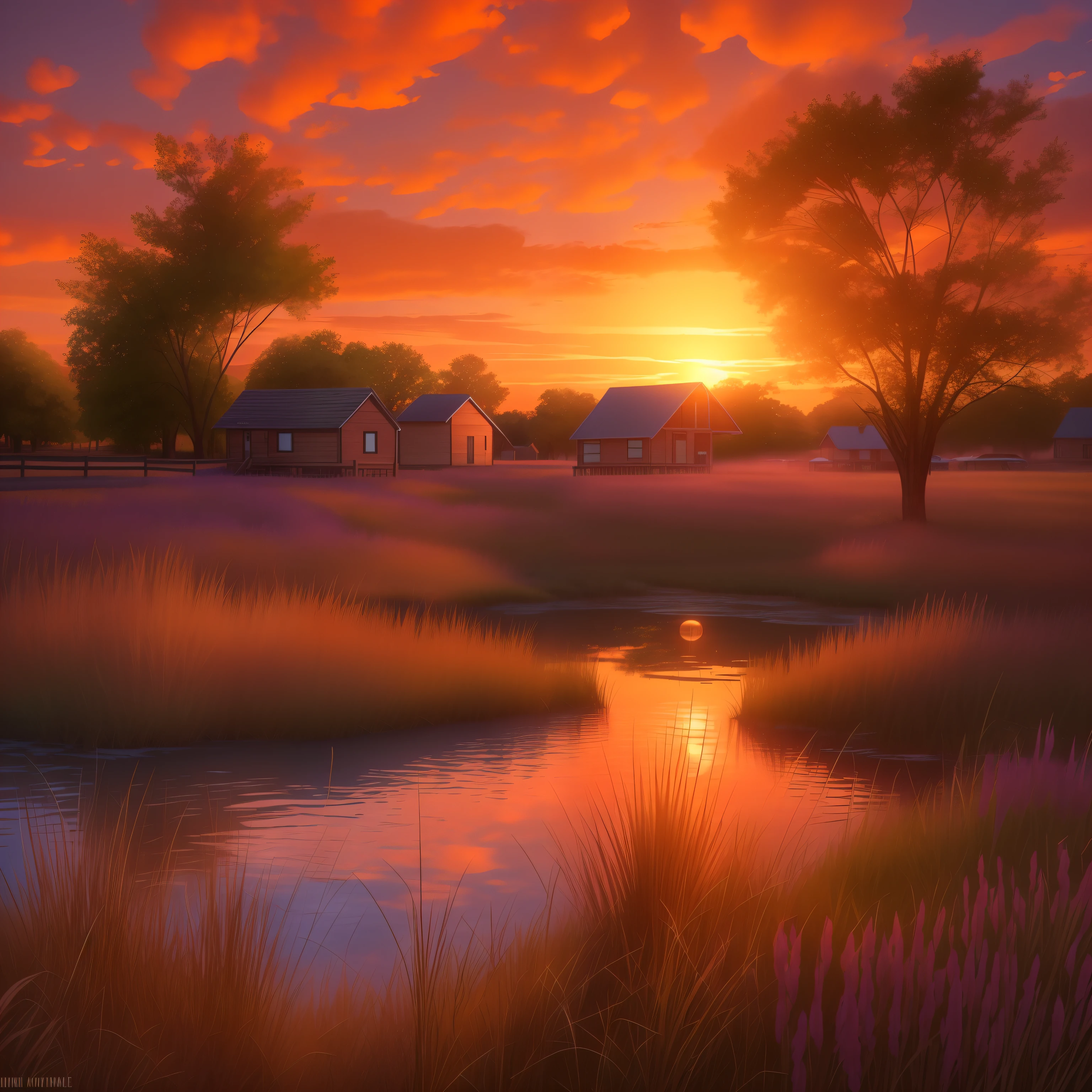 I watch as the glowing orange sun sinks towards the horizon, casting its warm rays over the fledgling village of Reed. As dusk approaches on this summer evening, the winding dirt roads and small wooden buildings of the village are bathed in a soft golden light. I gather with a handful of other settlers in the small town square, weary but filled with hope after our long journey and first night in our new home.
We look to the spectacular sunset, taking in the breathtaking panoramic view of the open prairie surrounding us. The sky is ablaze with vibrant pinks, oranges, and red hues that stretch as far as my eye can see. Light wispy clouds are dotted across the horizon, highlighted in purple and blue tones as the sun continues its descent.
The glowing orange orb changes to a deep crimson, as its bottom edge kisses the flat landscape signaling the coming night. The vivid colors start to fade into soft yellows and darker blues, creating a gradient of colors across the dimming sky. The sunset reflects off the small pond at the edge of town, making its still waters sparkle.