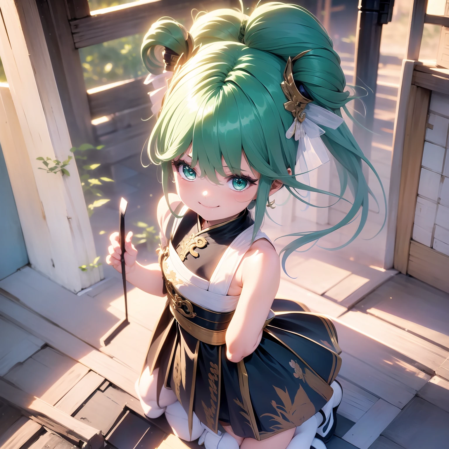 , Stand on the roof, holding fan, Background dragon Statue, little smile expression, wearing a green maid dress, close up, Beautiful eyes, perfect face, full body, masterpiece