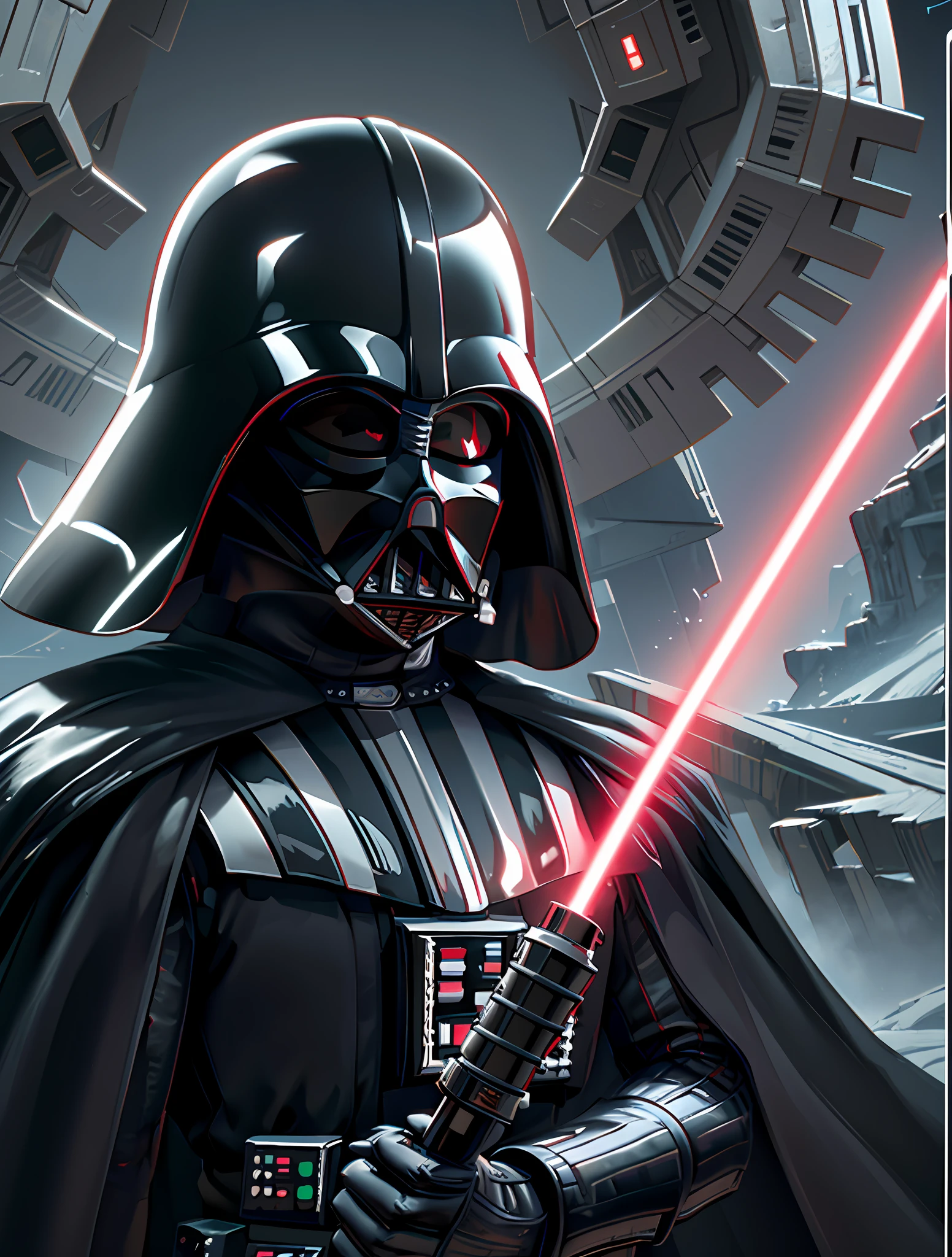 (Darth vader), star wars, holding light saber, eed lightsaber, long lightsaber, red long sword, menacing pose, warrior stance, ultra detailed uniform, 1boy, detailed light saber, detailed helmet, detailed armor, extreme high quality, intricate details, 4k , ultra hd, high resolution, fractal mechanical technological aesthetic art, dystopian sci fi art, mechanised art, aesthetic art, best composition best art, best quality, extreme details, fine quality, refined good quality, (masterpiece, top quality, best quality, official art, high quality art, high resolution concept art, beautiful and aesthetic:1.4), extreme detailed,(fractal art:1.4),highest detailed, extreme details on subject, ultra clear high quality, extreme detail background, cinematic background, extreme high quality background, highest quality background, ultra realistic detailed, extreme resolution, intricate details, fine details, good lighting, good lighting dynamic range, photorealistic lighting, cinematic lightning background, photorealism, dynamic Lighting, intricate lighting, realistic lighting directional lighting, cinematic lightning, super sharp, sharp details, very high resolution, sharp resolution, 4k resolution, 8k resolution, 10 bit raw high quality, (masterpiece1.6), extremely detailed lighting, ((dynamic lighting)), ((ray tracing)), 8k ultra hd, cinematic lightning, detailed background, ((realistic background)), ((cinematic background)), super realistic, hyper realistic, natural lighting, (natural background blur:1.2), photorealistic, hyper realistic 8k hdr background, ((sharp realistic details)), ((intricate detail background)), ((Cinematic background)), ((cinematic background lighting)), ((cinematic sci-fi background)), excellent color, excellent balanced contrast, excellent picture science, excellent quality, excellent resolution