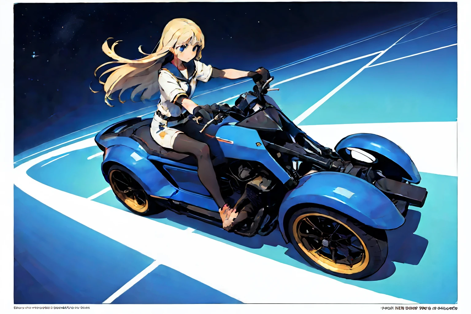 "Uma garota de anime com longos cabelos prateados fluindo suavemente ao vento, his big eyes shining with a mixture of curiosity and determination. Ela veste um traje futurista e elegante, destacando suas curvas graciosas e linhas perfeitamente esculpidas. The Japanese supercar behind it is an engineering marvel, with aerodynamic shapes and aggressive lines, envolto em uma cor viva e brilhante. A garota parece pronta para uma aventura emocionante, About to embark on a journey full of speed and mystery."