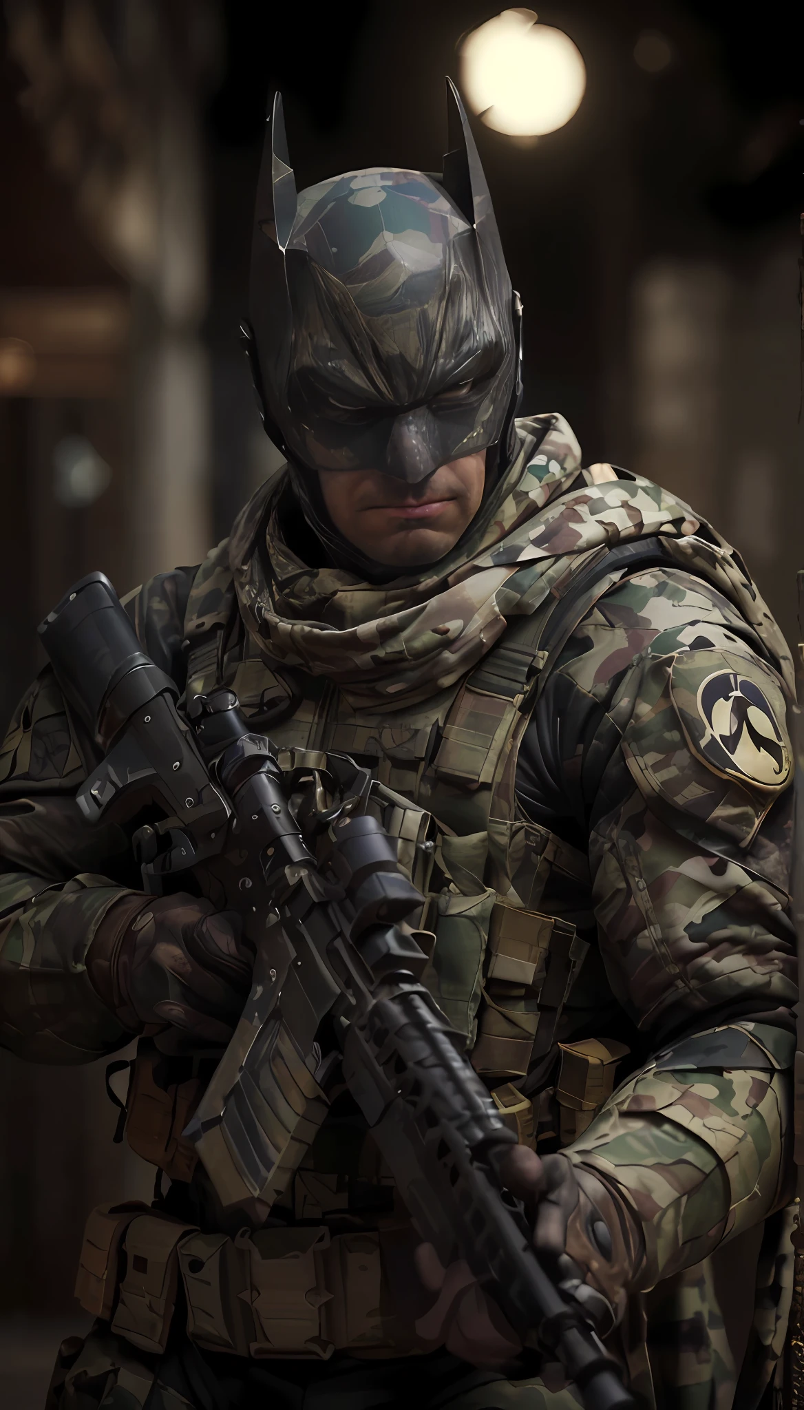 (((obra maestra, DC Comics, Batman el caballero oscuro))), street alley, basura, lluvia, soldado del futuro, agresivo, grande,  fuerte,  Visiones, ((Batman Vission Future Soldier, Llevar uniforme militar de camuflaje))) advanced technology, High-tech weapons, (((batman soldado de guerra post-apocaliptica, Epic resolution, Epic Quality, Epic sharpness, Lujo detallado, Fantastic color and contrast, Precise saturation, IMAX HDR, cinematic lighting,Impresionante calidad de renderizado realista,)))con estilo animado ReV, RevEstilo realista.