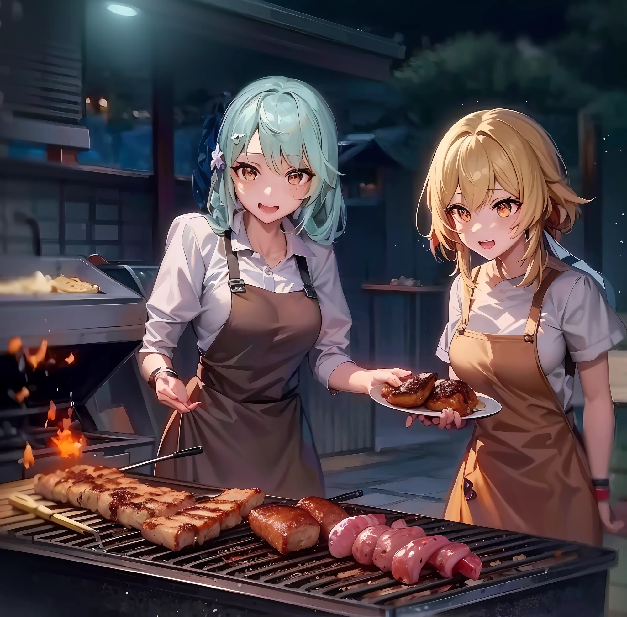 Anime characters cooking on a grill with meat on it, cooking it up, Cooking, girls frontline style, Kantai Collection Style, from girls frontline, Fine details. girls' frontline, serving burgers, official artwork, BBQ, girls frontline cg, cooking show, girls' frontline, splash art anime ****, grill, from arknights, anime food, girls frontline universe