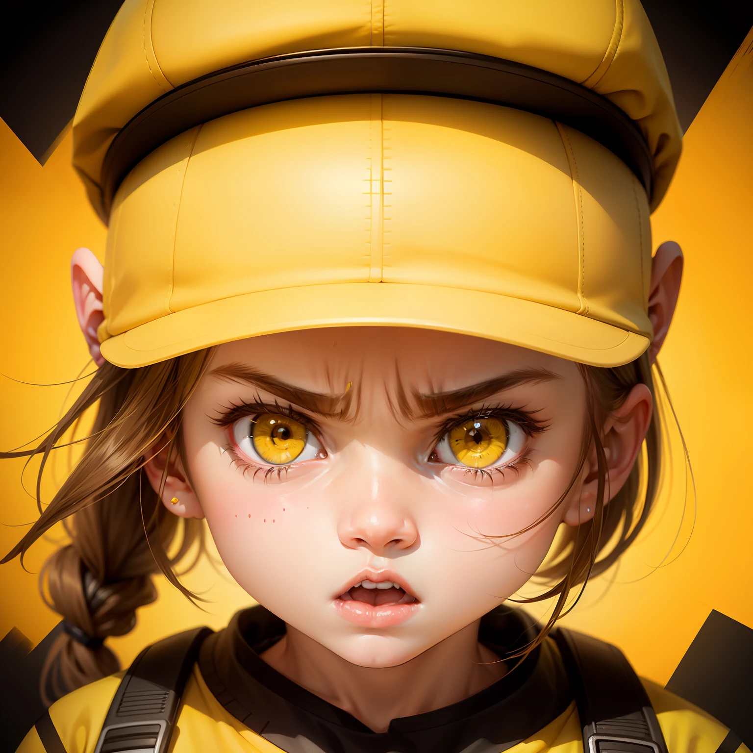 head portrait，Angry，cute female ，quadratic element，yellow backdrop，cap