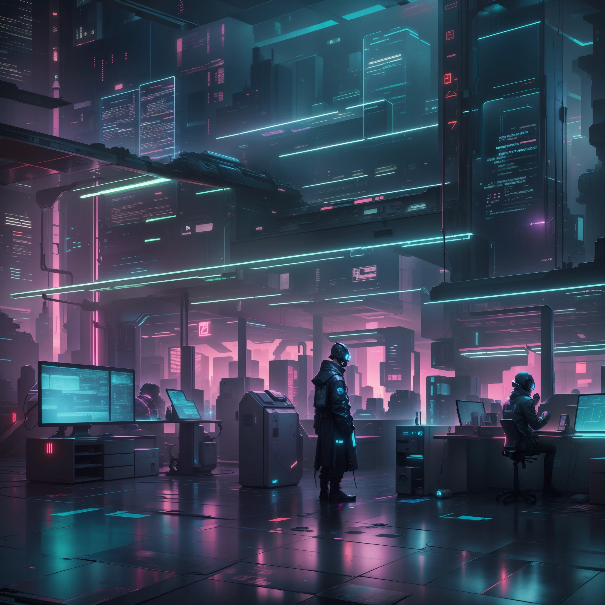 cyber punk perssonage,Between tall buildings,Spaceship,neonlight,Signage,glass window,Refractive reflection,Server room,Computer accessories,Transistors