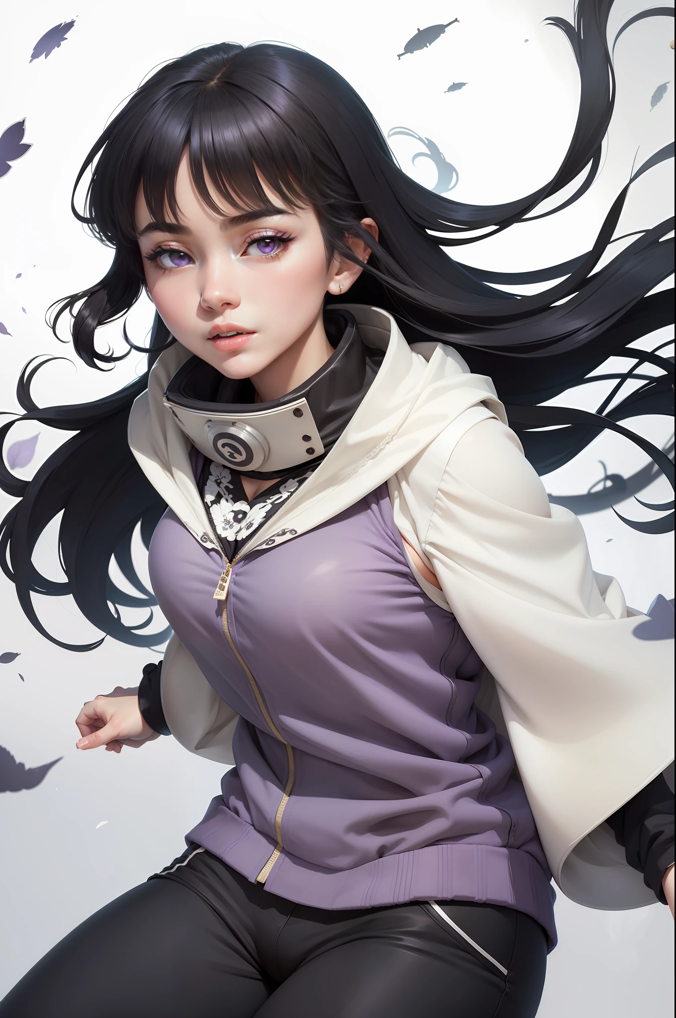 masterpiece, best quality, high resolution, fine detail, amazing and beautiful detail, different_images, 1 girl, white sleeveless jacket, from below, jet black hair, purple eyes, ( big boobs),( big tits),( big tits ) , (lower chest), outer space, plant, black pants, Konoha village symbol
