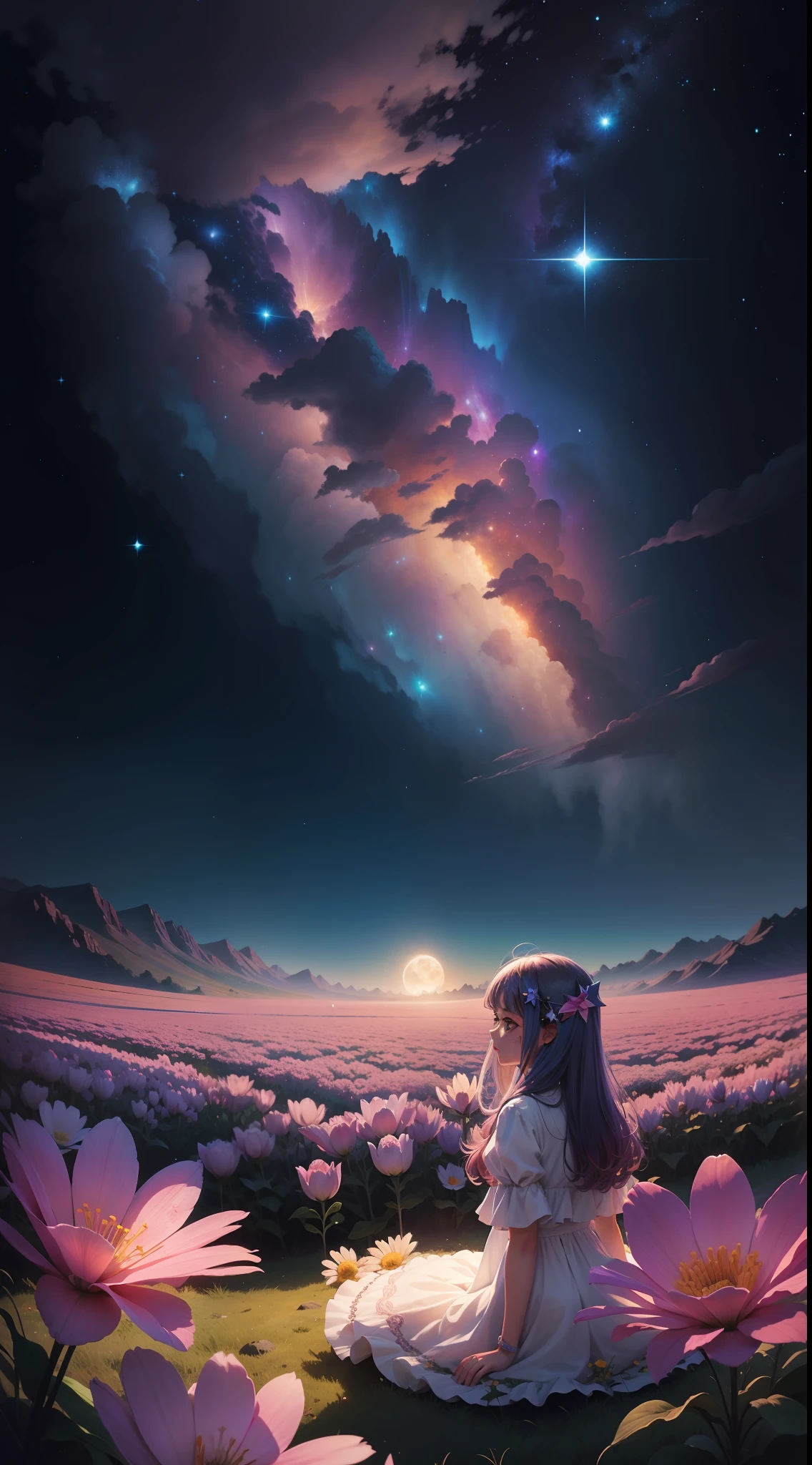 Uma em um campo de flores, vista de baixo para cima, cosmic view, galaxias, cometas, lua cheia, cena de anime, estilo anime,