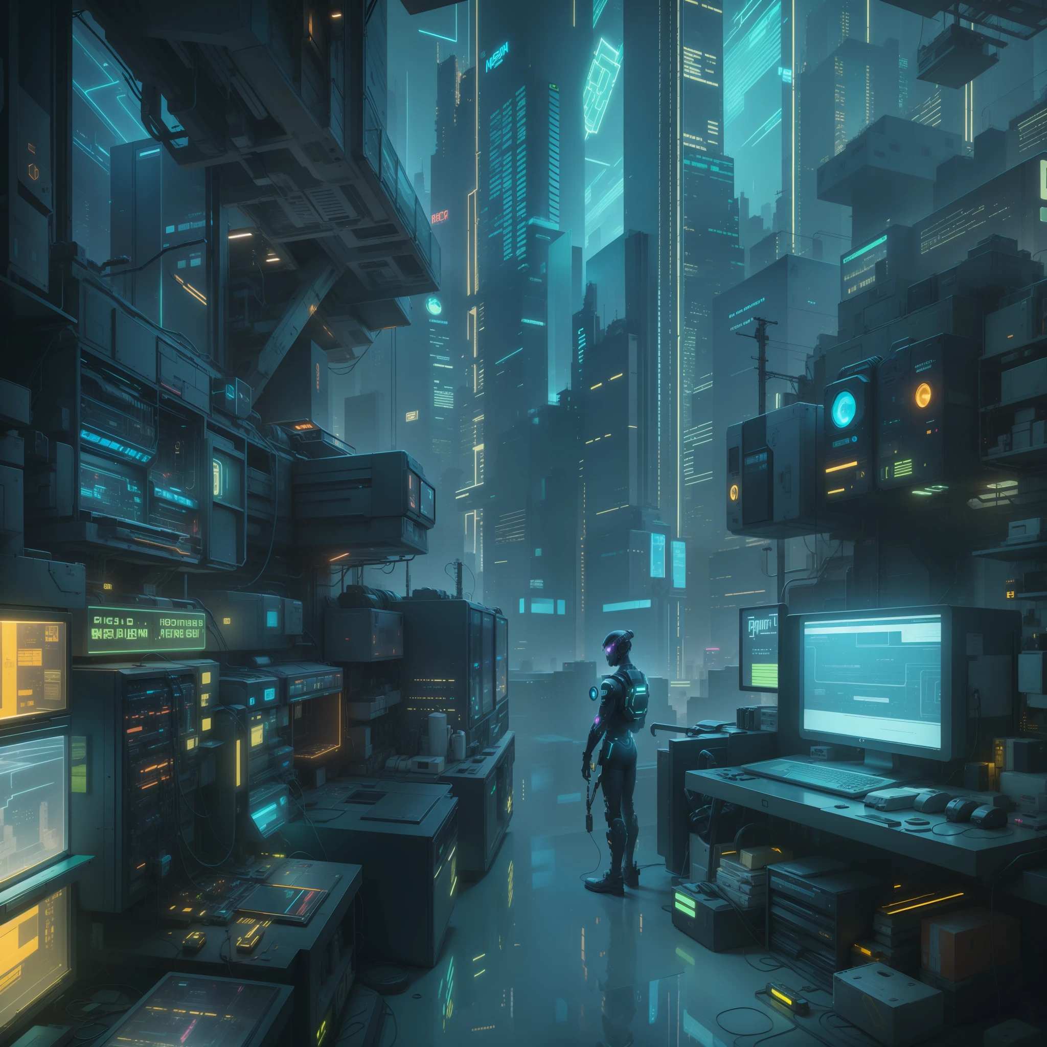 cyber punk perssonage,Between tall buildings,Spaceship,neonlight,Signage,glass window,Refractive reflection,Server room,Computer accessories,Transistors