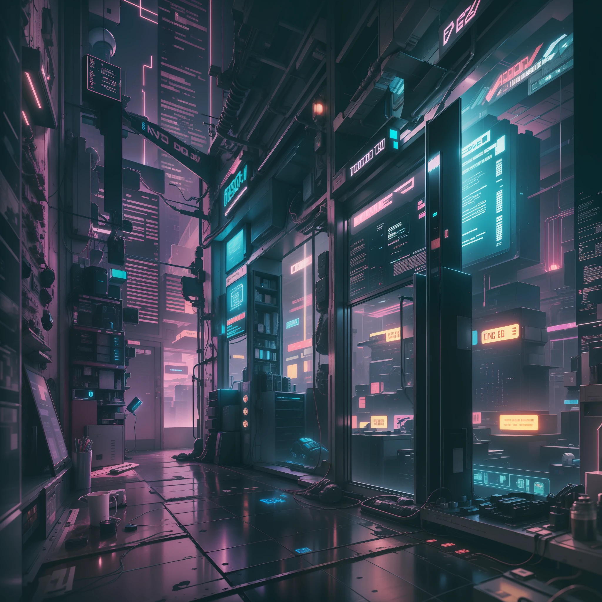 cyber punk perssonage,Between tall buildings,Spaceship,neonlight,Signage,glass window,Refractive reflection,Server room,Computer accessories,Transistors
