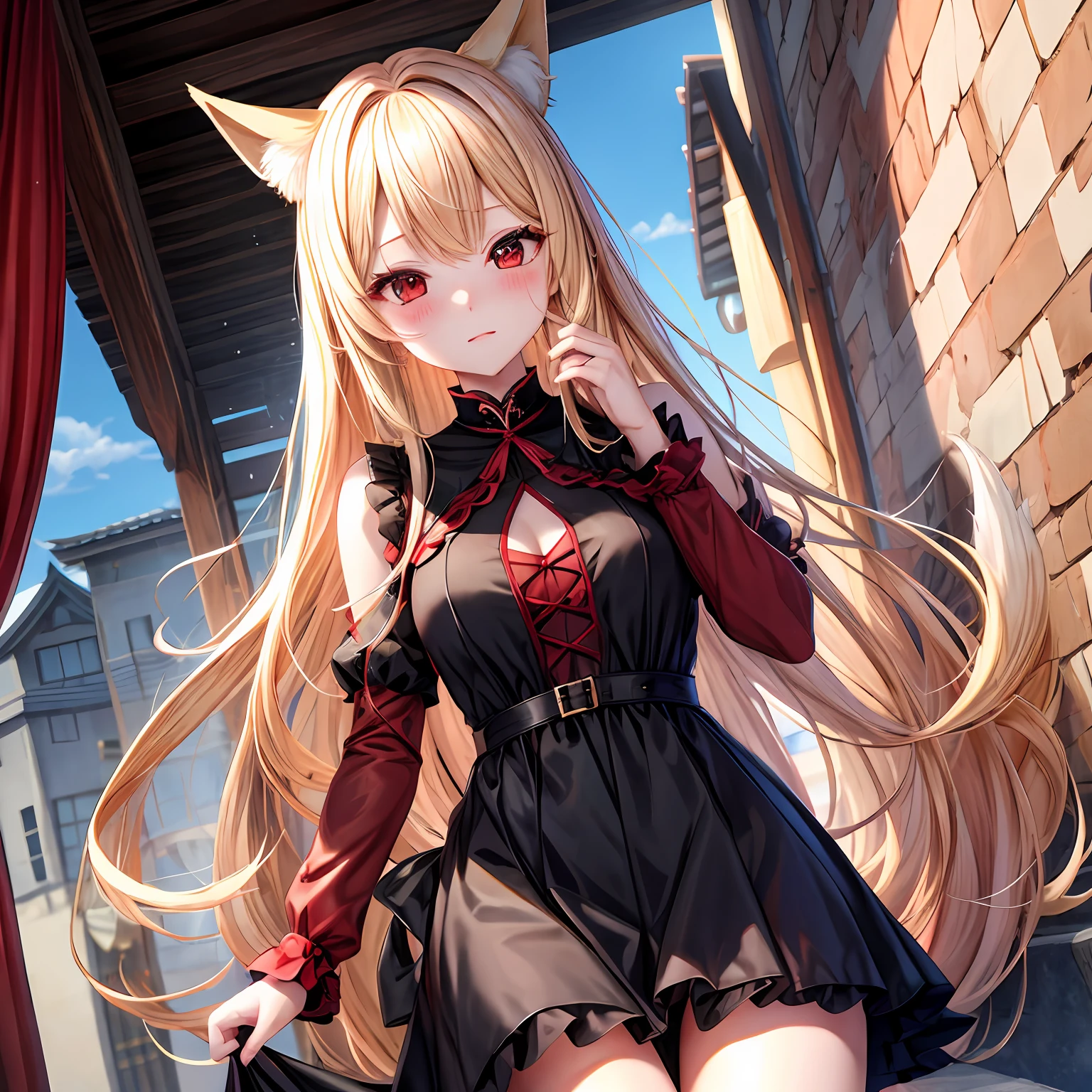 a blond、red eyes、One pretty girl、独奏、animesque、blackdress、red blush、Fox