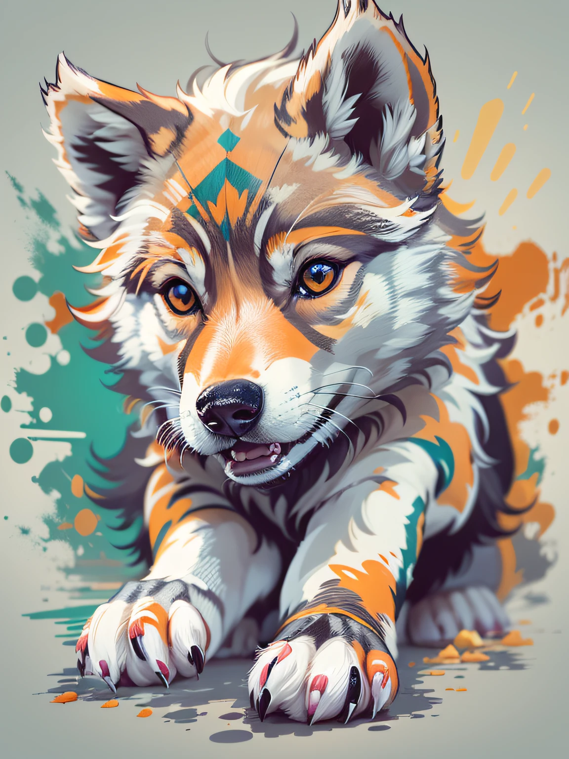 Vector, Print-ready colorful graffiti, illustartion: cute wolf cub, action shot, high detail, whitebackground