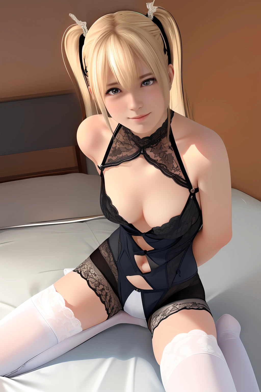 Top image quality、8K picture quality、hightquality、Detailed picture、1girll、独奏、full body Esbian、Marie Rose、Twin-tailed、A smile、Embarrassing、red blush、small plump breasts、(protrusion at the tip of the chest)、(Slender body))、(Nipple sheer:1.2)、((Bondage:1.5、(Stick hard into the crotch:1.4)、(Treat the crotch:1.3)、((Lying in bed))、(((open the legs widely)))、protrude your hips forward、((Lace Top Knee High Stockings:1.3))、Brown loafers、gazing at viewer、Facing the viewer、(Keep your feet open to your audience:1.2)、(Bend your knees:1.2)、white thighhig、 inside in room、 (on the bed:1.1)、(Inter-strands:1.2)、(Very low camera angle:l.5)、(Close up from the crotch、profetional lighting、Frontal shot