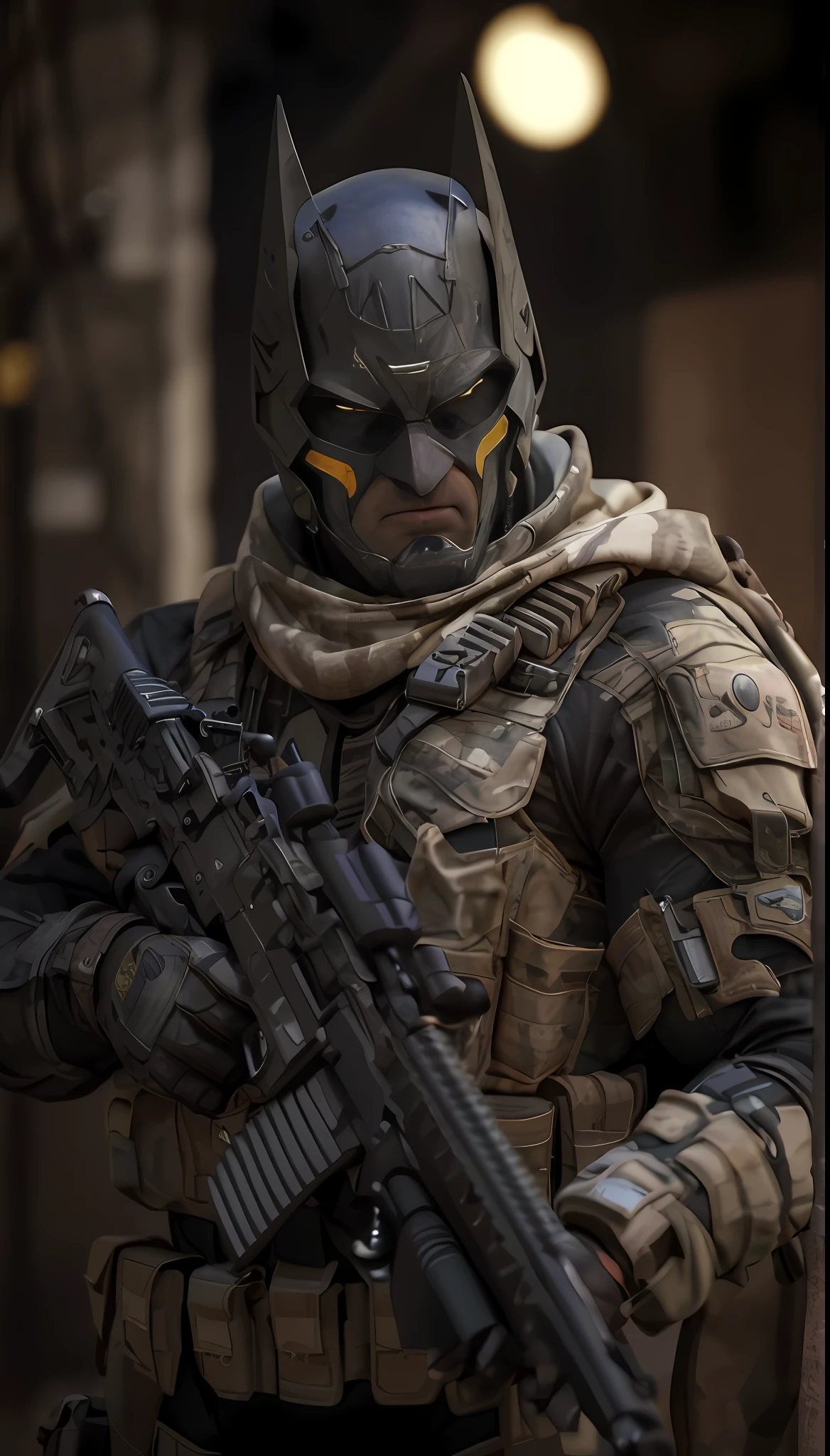 (((obra maestra, DC Comics, Batman el caballero oscuro))), street alley, basura, lluvia, soldado del futuro, agresivo, grande,  fuerte,  Visiones, ((Batman Vission Future Soldier, Llevar uniforme militar de camuflaje, casco cubre toda la cara, sin boca))) advanced technology, High-tech weapons, (((batman soldado de guerra post-apocaliptica, Epic resolution, Epic Quality, Epic sharpness, Lujo detallado, Fantastic color and contrast, Precise saturation, IMAX HDR, cinematic lighting,Impresionante calidad de renderizado realista,)))con estilo animado ReV, RevEstilo realista.