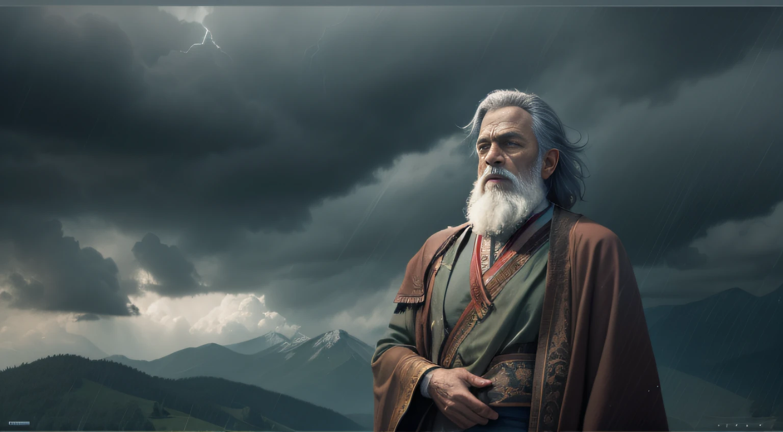 Velho de barba, profeta, tunic, corpo inteiro, with a stormy sky and mountains in the background. Visionary man, philosopher, sage or prophet. cinematographic effect. Criado com a tecnologia Generative AI.