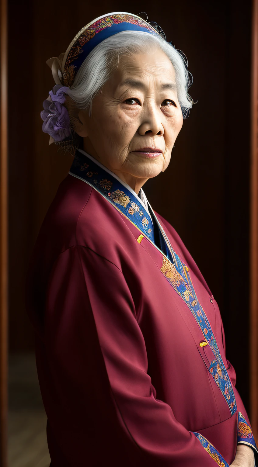 There was a woman standing, Portrait shooting, Chinese woman, matte painting portrait shot, Chinese woman, An Asian woman, Asian woman, Old woman, movie still 8 k, By Fei Danxu, Chinese woman, portrait shot 8 k, the look of an elderly person, inspired by Kim Tschang Yeul, detailed portrait shot --auto