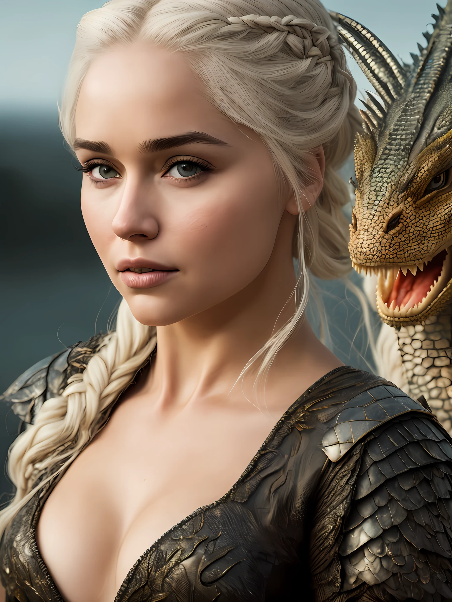 hyper real photo of [Daenerys Targaryen|Emilia Clark] Bring pets (Dragon:1.1), Beautiful, Sexy, 1 Girl with the dragon, blond, Close-up, Extreme closeup, Realistic proportions, Realistic pupils, Firecake Dragon, limited palette, A high resolution, absurderes, Cinematic lighting, 8K resolution, Frontlighting, hdr, Sunrise, RAW photo, Nikon 85mm, Award-Awarded, Glamorous photos, Extremely detailed, Beautiful Ukrainian language, mind bending, Nott Edith, (Blue top:0.6),