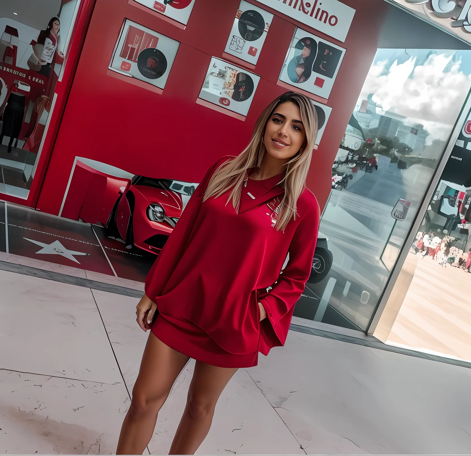 There's a woman standing in a mall with a red car., aparecer em um shopping center, em um shopping, em um shopping, taken in the early 2020s, fernanda suarez, tomada em 2 0 2 0, Directed by: Nandor Soldier, Valentina Embaralhamento, foto do perfil, Caroline Gariba, Lorena Avarez
