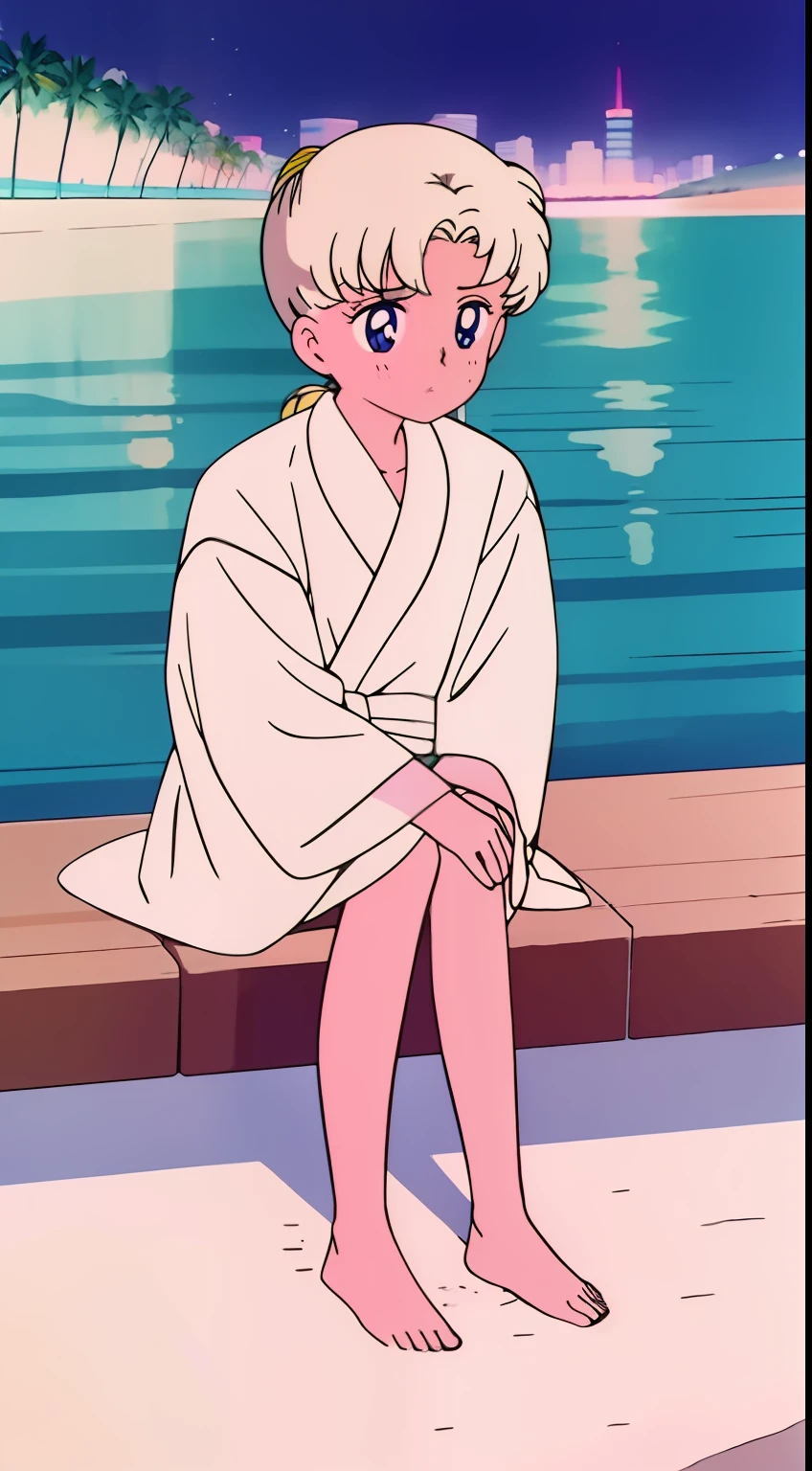 1boy，white color hair，pony tails，beachside，deep in the night，Sitting，bathrobe