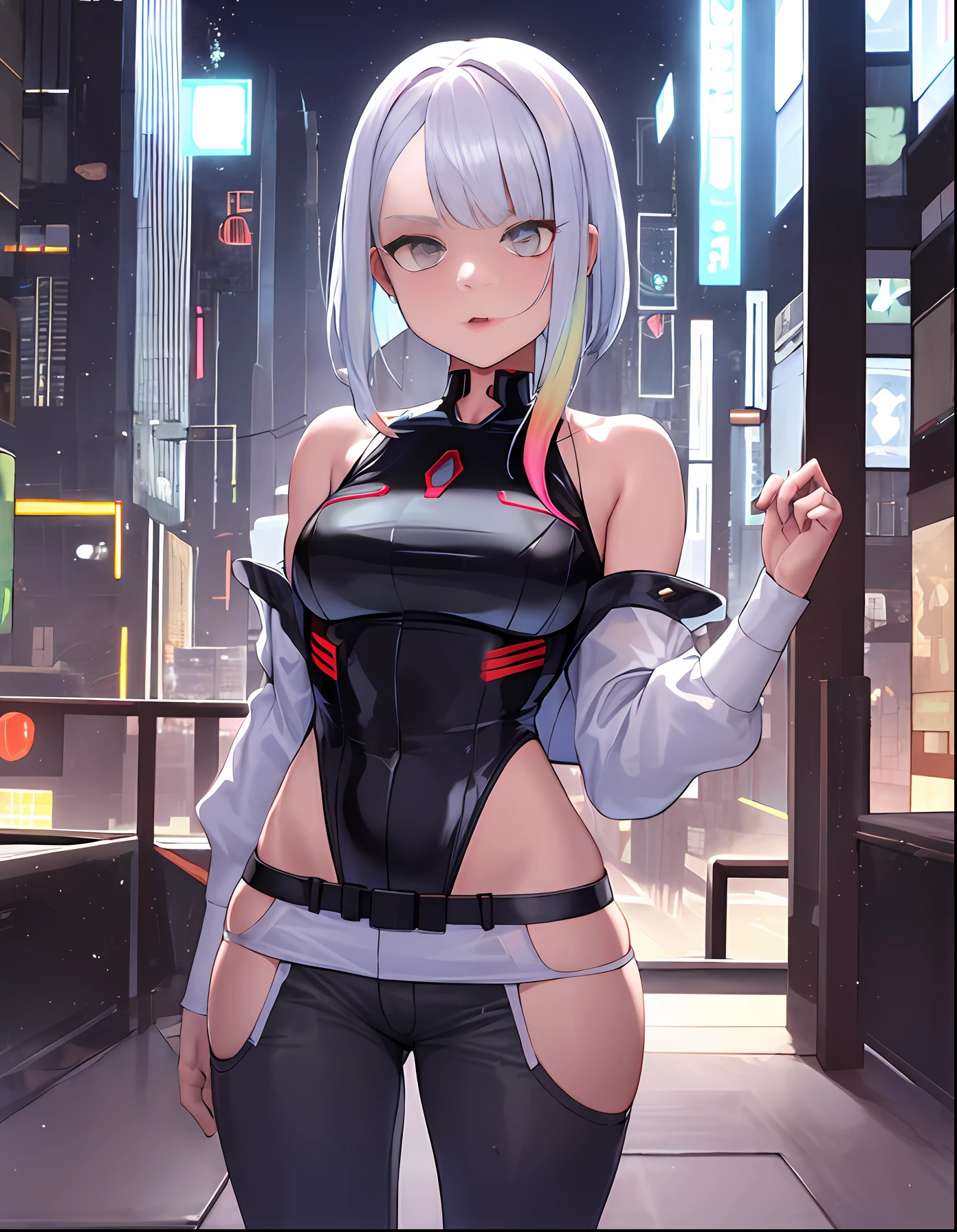 lucy \(cyberpunk\), 1girl, contra la baranda, reposabrazos, flequillo, hombros descubiertos, beltt, black belt, leotardo negro, pantalones negros, borroso, corte bob, senos, edificio, paisaje urbano, recorte de ropa, chaqueta recortada, cyberpunk, profundidad de campo, de lado, ojos degradados, ojos grises, canas, chaqueta, leotardo, labios, mangas largas, mirando de lejos, mirando hacia adelante, mechanical parts, senos grandes, ojos multicolores, cabello multicolor, noche, cielo nocturno, hombros descubiertos, ropa abierta, chaqueta abierta, aire libre, pantalones, labios entreabiertos, delineador de ojos rojo, Science-Fiction, cabello corto con mechones largos, pantalones cortos, pantalones cortos, cerraduras laterales, cielo, solo, de pie, dientes, recorte del muslo, solo los dientes superiores, chaqueta blanca, pantalones cortos blancos, cyberpunk \(series\), cyberpunk edgerunners