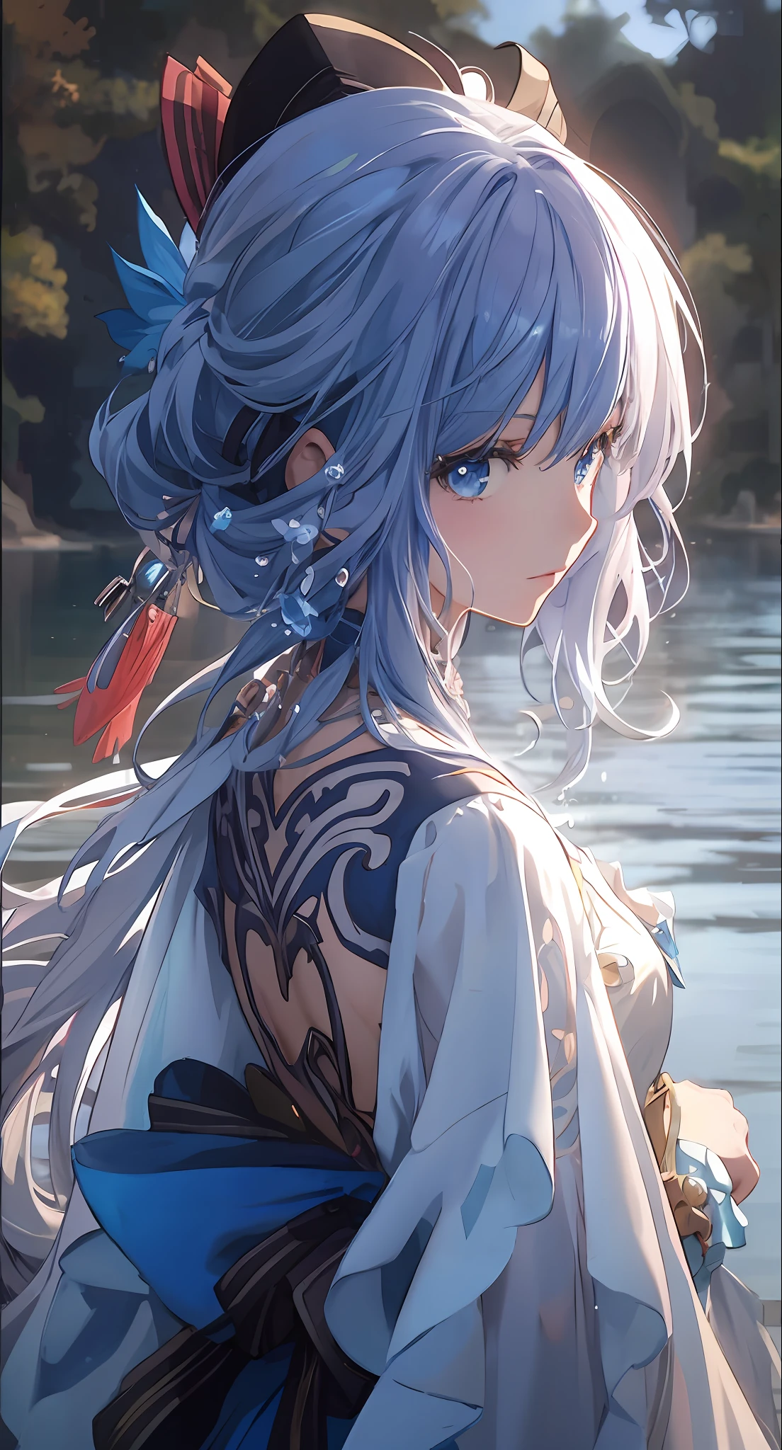 Anime girl with blue hair and blue dress standing in the water, a beautiful anime portrait, Beautiful anime girl, Beautiful anime woman, Beautiful anime, white-haired god, Beautiful anime artwork, Stunning anime face portrait, Beautiful anime style, Beautiful anime art, Detailed digital anime art, beautiful and seductive anime woman, Anime art wallpaper 8 K, detailed portrait of an anime girl,Soulful gaze