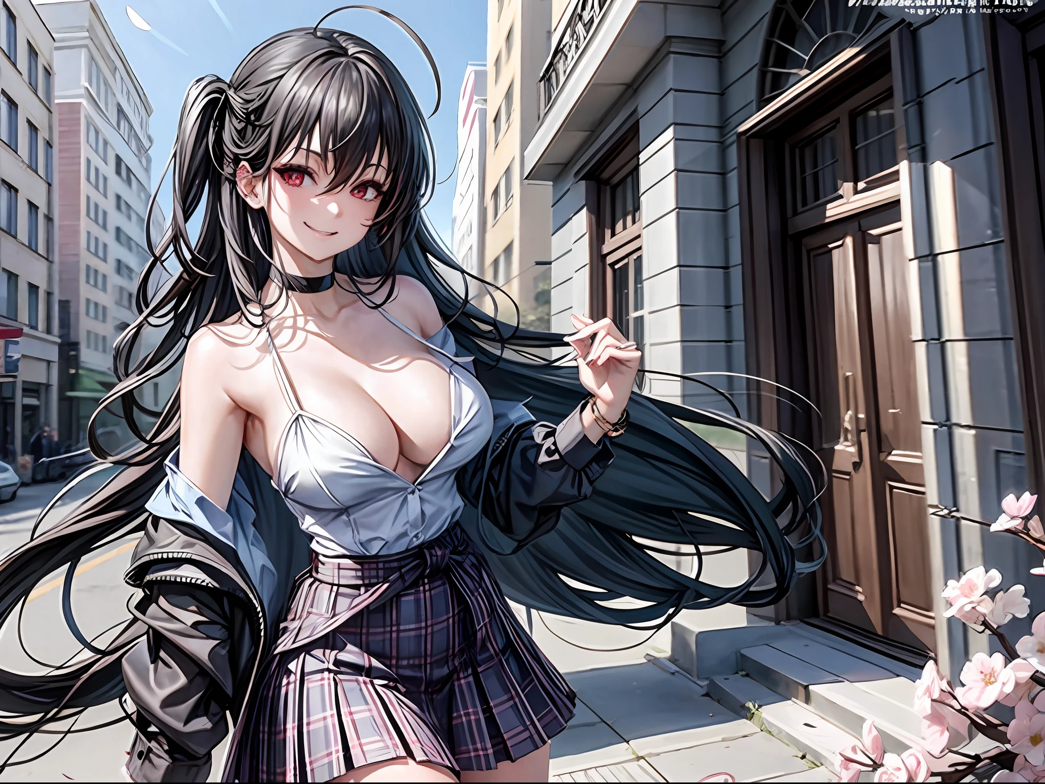 masterpiece, best quality, full body, 1girl, bangs, black choker, black necktie, black hair, blue skirt, blush, bracelet, breasts, choker, clothes around waist, collarbone, collared shirt, cowboy shot, dress shirt, ear piercing, eyebrows visible through hair, gradient hair, grin, gyaru, jewelry, kogal, long hair, looking at viewer, loose necktie, necktie, piercing, plaid, plaid skirt, pleated skirt, red eyes, ring, school uniform, shirt, skirt, smile, solo, white shirt, street, sky, cherry blossoms, petals,illustration, (magazine:1.3), (cover-style:1.3), fashionable, woman, vibrant, outfit, posing, front, colorful, dynamic, background, elements, confident, expression, holding, statement, accessory, majestic, coiled, around, touch, scene, text, cover, bold, attention-grabbing, title, stylish, font, catchy, headline, larger, striking, modern, trendy, focus, fashion,