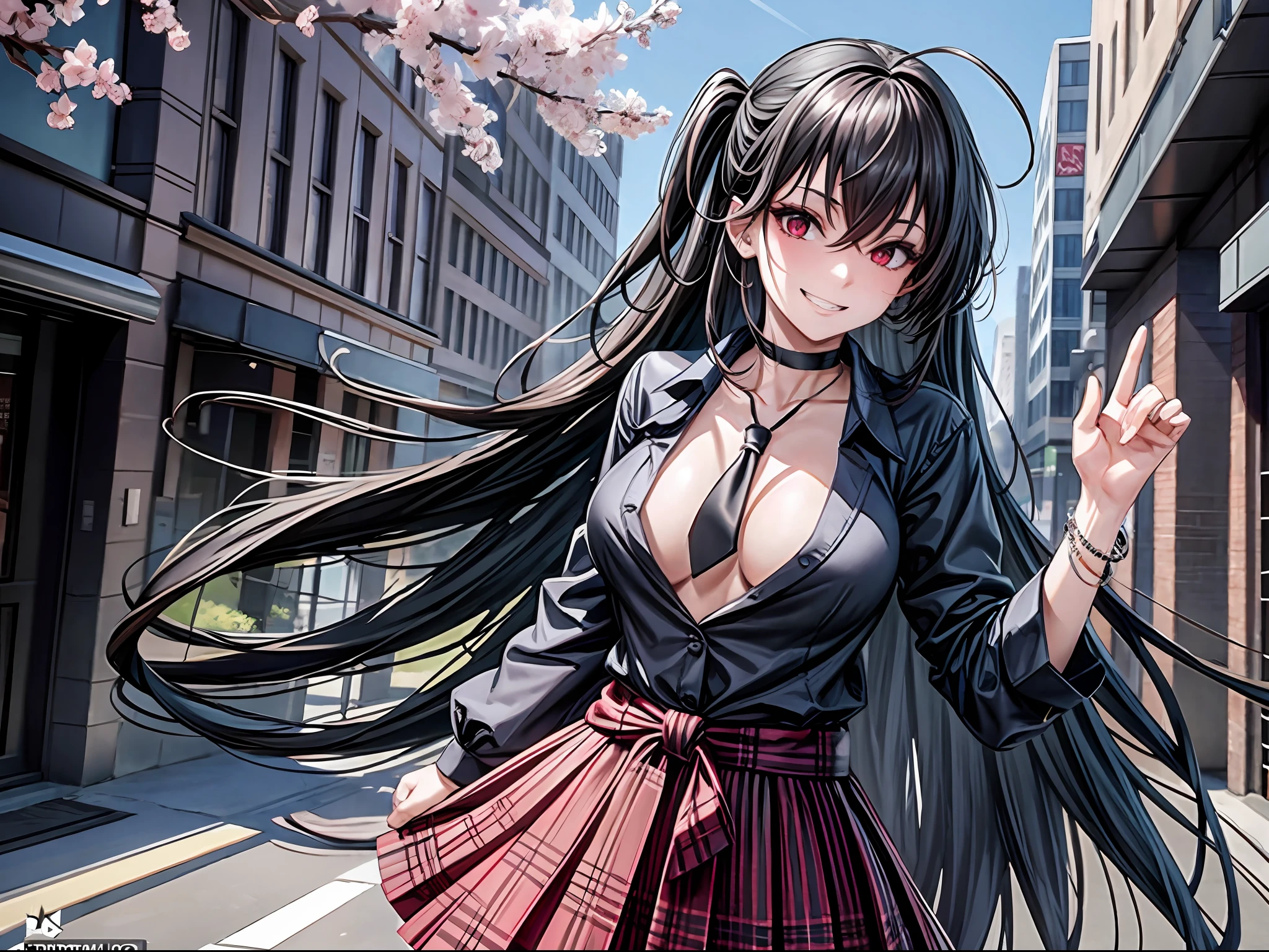 masterpiece, best quality, full body, 1girl, bangs, black choker, black necktie, black hair, blue skirt, blush, bracelet, breasts, choker, clothes around waist, collarbone, collared shirt, cowboy shot, dress shirt, ear piercing, eyebrows visible through hair, gradient hair, grin, gyaru, jewelry, kogal, long hair, looking at viewer, loose necktie, necktie, piercing, plaid, plaid skirt, pleated skirt, red eyes, ring, school uniform, shirt, skirt, smile, solo, white shirt, street, sky, cherry blossoms, petals,illustration, (magazine:1.3), (cover-style:1.3), fashionable, woman, vibrant, outfit, posing, front, colorful, dynamic, background, elements, confident, expression, holding, statement, accessory, majestic, coiled, around, touch, scene, text, cover, bold, attention-grabbing, title, stylish, font, catchy, headline, larger, striking, modern, trendy, focus, fashion,