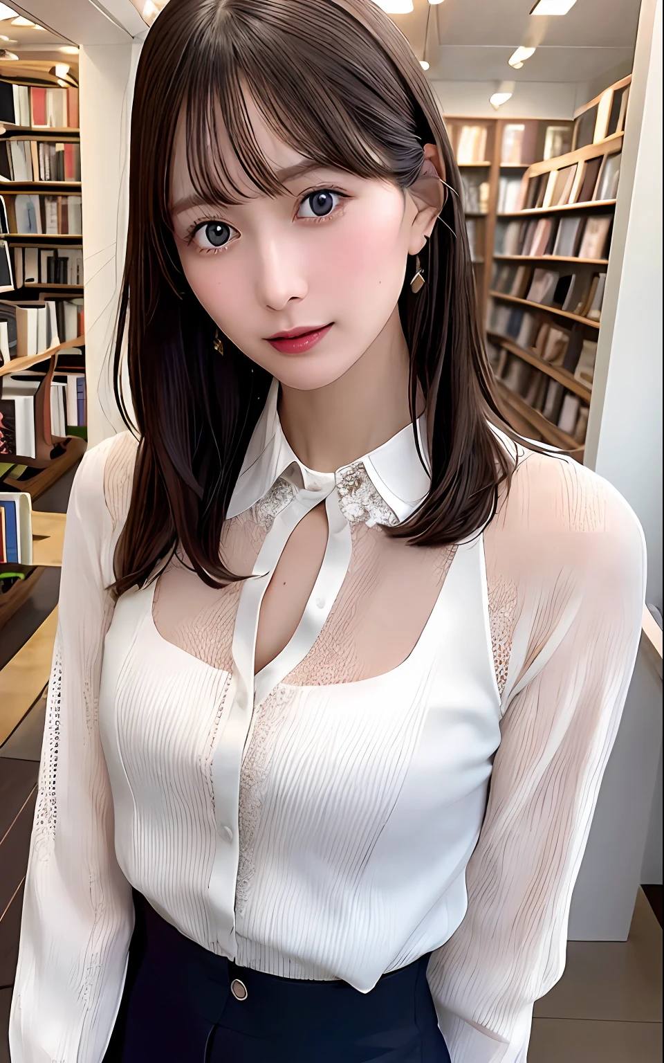 photo of a standing 30yo Caucasian woman inside a small bookshop,
intricate shirt, unbuttoned collar, Jewelry,
Detailed skin, Skin pores, (freckle:0.6), (moles:0.5), (pigmentation:0.5),
ambient warm light,
high quality photograph, 4K resolution, perfect photo was taken with a Sony dslr camera,
(Style-Empire)
