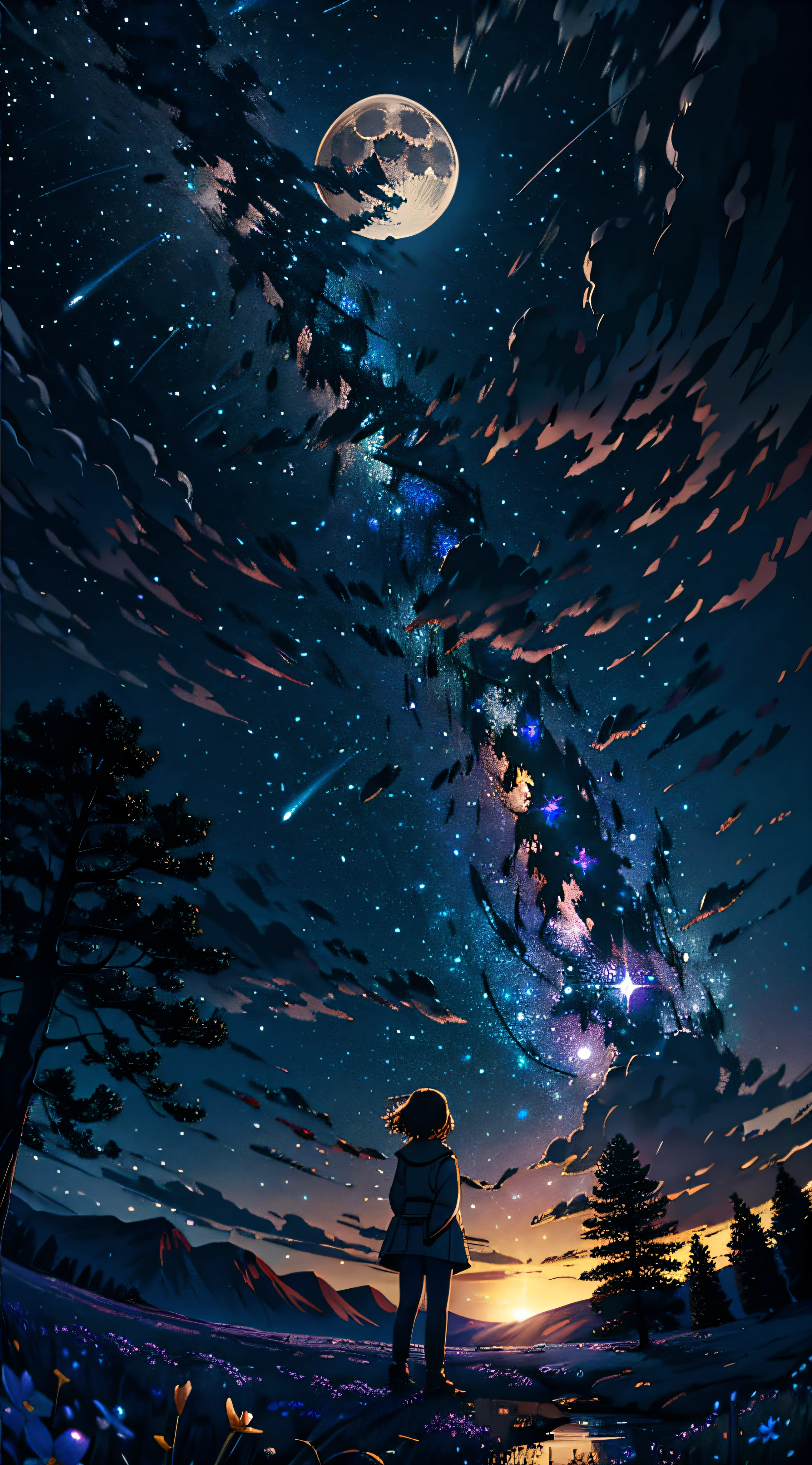 Expansive landscape photograph, (view from below with a view of the sky and the wilderness below), standing in a flower field looking up, (full moon: 1.2), (shooting star: 0.9), (nebula: 1.3), distant mountain, tree break production art, (warm light source: 1.2), (firefly: 1.2), lamp, purple and orange, intricate detail, volume lighting BREAK (masterpiece: 1.2), (highest quality ), 4k, ultra-detailed, (dynamic configuration: 1.4), highly detailed and colorful details (iridescent: 1.2), (sparkling lighting, atmospheric lighting), dreamy, magical, (solo: 1.2)