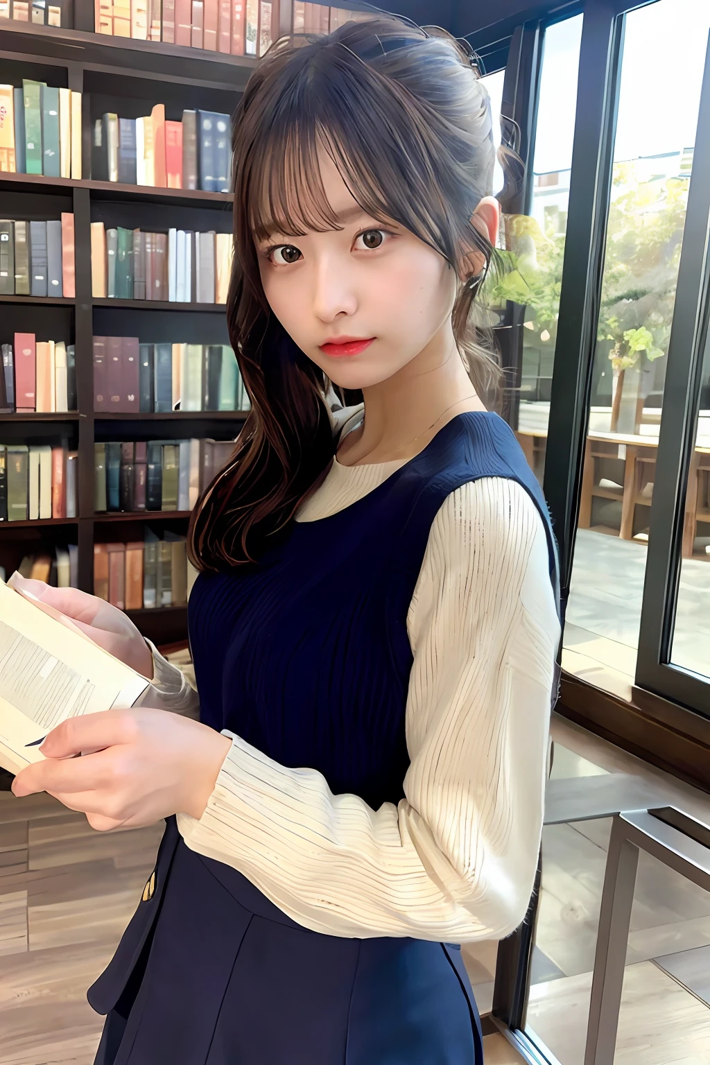 masutepiece, Best Quality, nffsw, Realistic, chromatic abberation, 1girl in, Solo, (Military Hall_misuzu), (Shaded face), Low ponytail, hair over shoulder, ((single sidelock)), hair scrunchie, Blue scrunchie, Skirt, Sweaters, angry, ((feeling of disgust)), Reading a book, a closeup, A library full of books