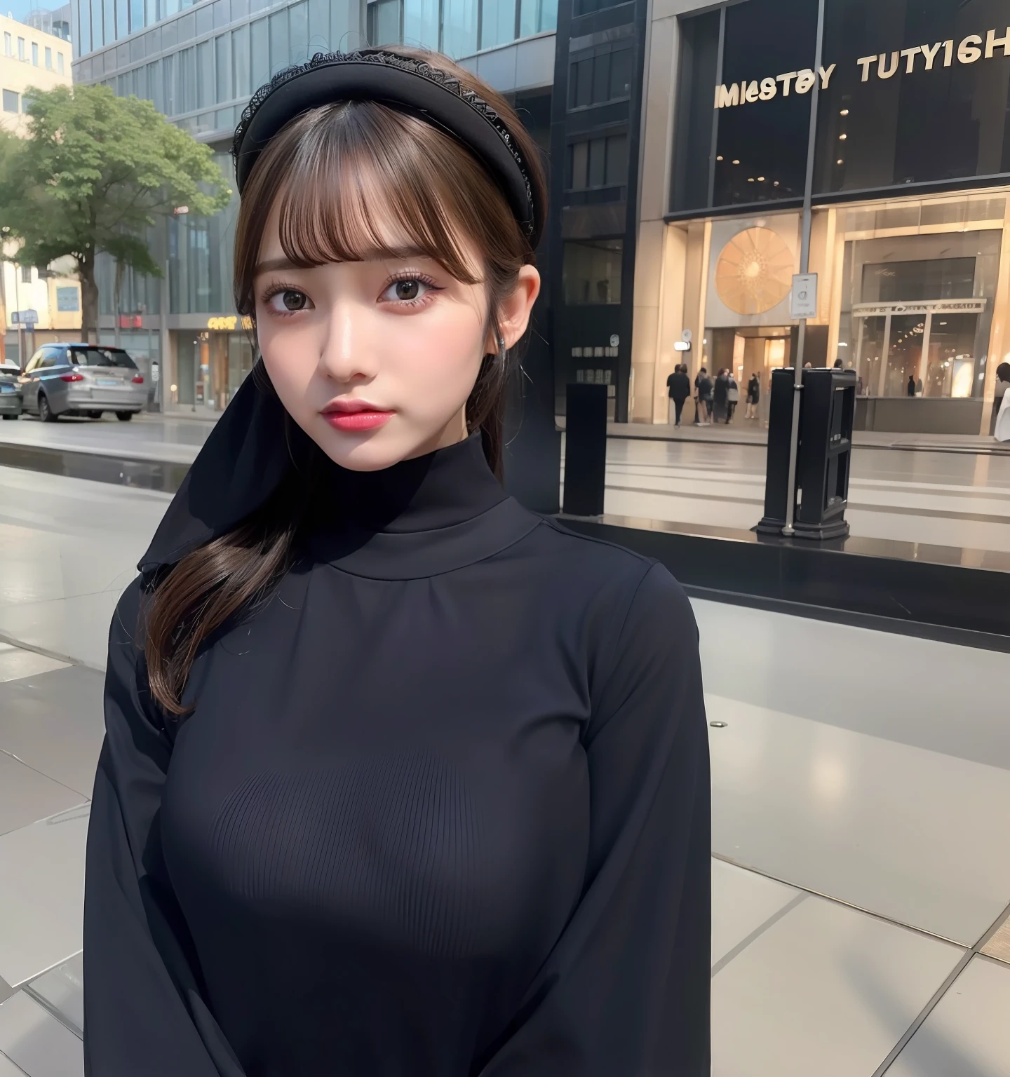 ((masterpiece)), top quality, realistic, photorealistic, highly detailed, highly detailed face, solo, 1 busty girl, black shirt, Levis pants, wearing hijab, using_makeup, long dress, short curly hair, bangs, traveling, city urban,