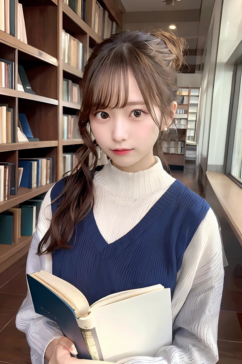 masutepiece, Best Quality, nffsw, Realistic, chromatic abberation, 1girl in, Solo, (Military Hall_misuzu), (Shaded face), Low ponytail, hair over shoulder, ((single sidelock)), hair scrunchie, Blue scrunchie, Skirt, Sweaters, angry, ((feeling of disgust)), Reading a book,  a closeup, A library full of books