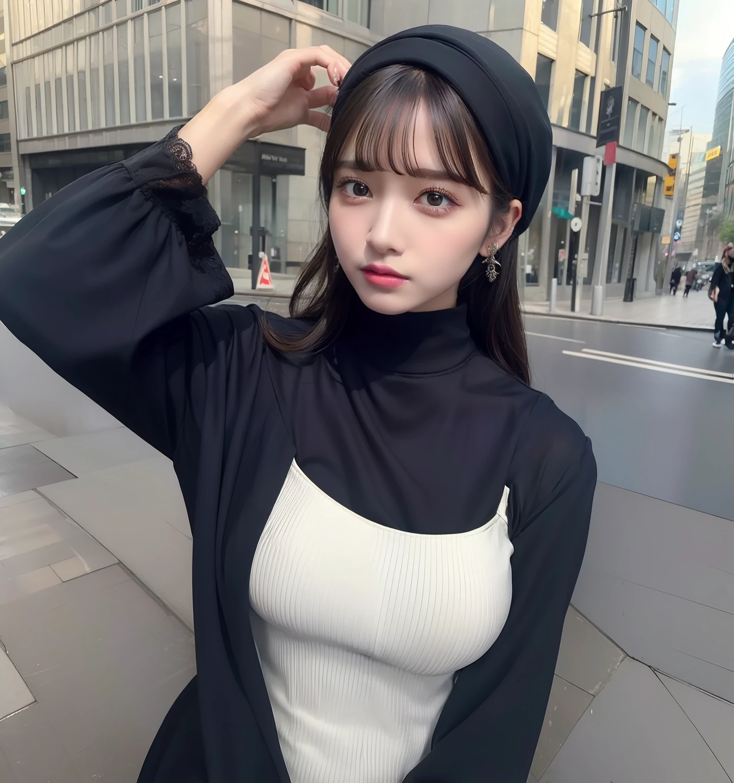 ((masterpiece)), top quality, realistic, photorealistic, highly detailed, highly detailed face, solo, 1 busty girl, black shirt, Levis pants, wearing hijab, using_makeup, long dress, short curly hair, bangs, traveling, city urban,