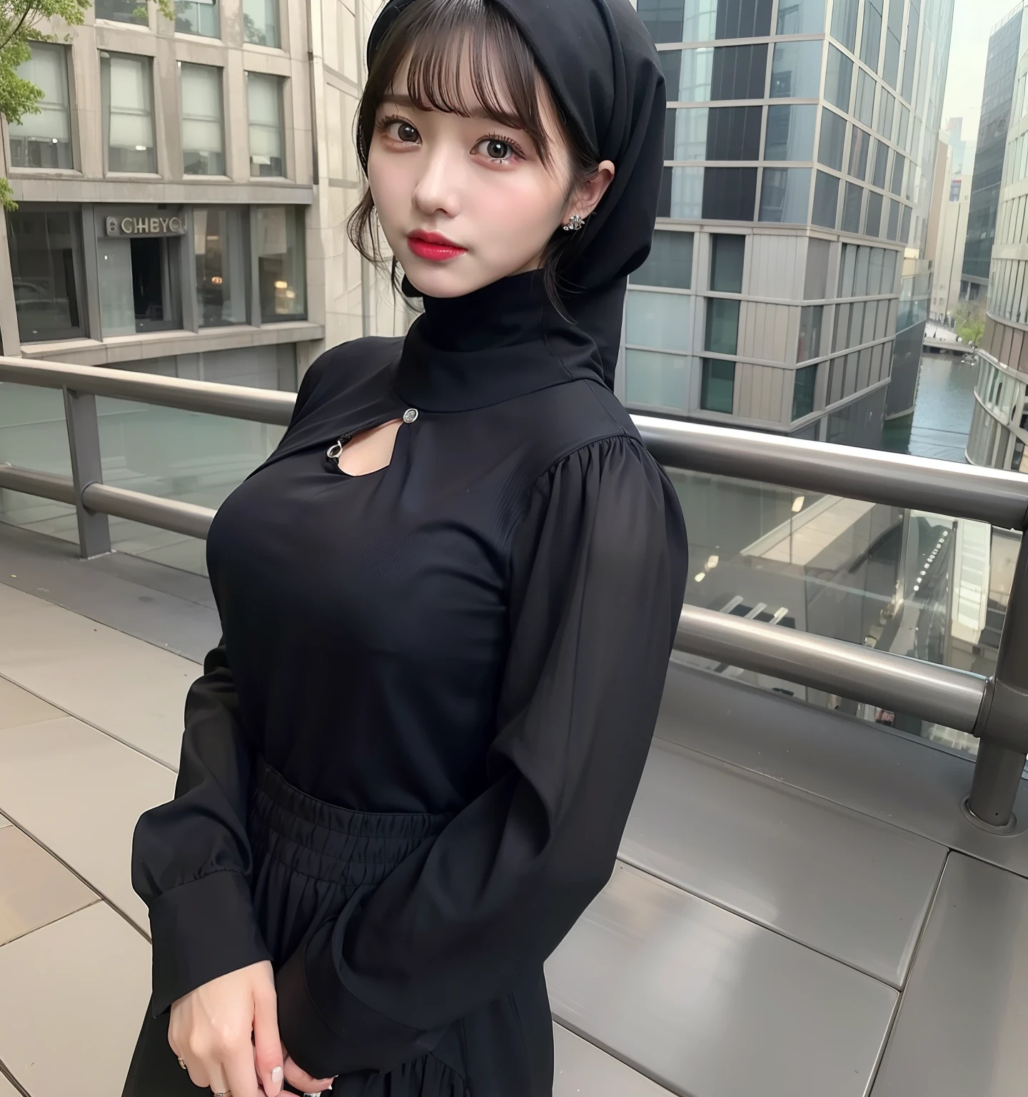((masterpiece)), top quality, realistic, photorealistic, highly detailed, highly detailed face, solo, 1 busty girl, black shirt, Levis pants, wearing hijab, using_makeup, long dress, short curly hair, bangs, traveling, city urban,