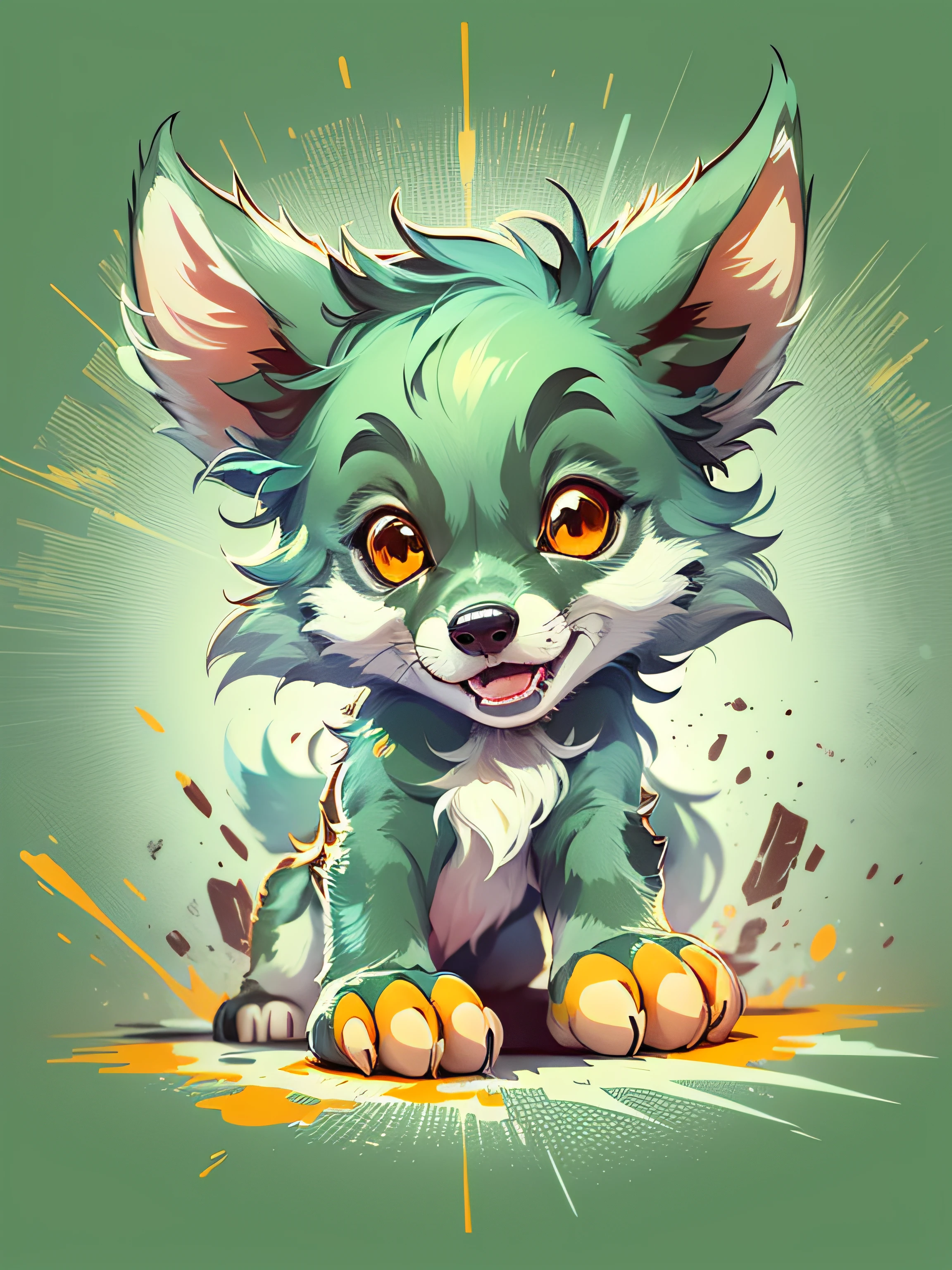 Vector, Print-ready colorful graffiti, illustartion: Cute cartoon wolf cub, action shot, high detail, ((whitebackground))
