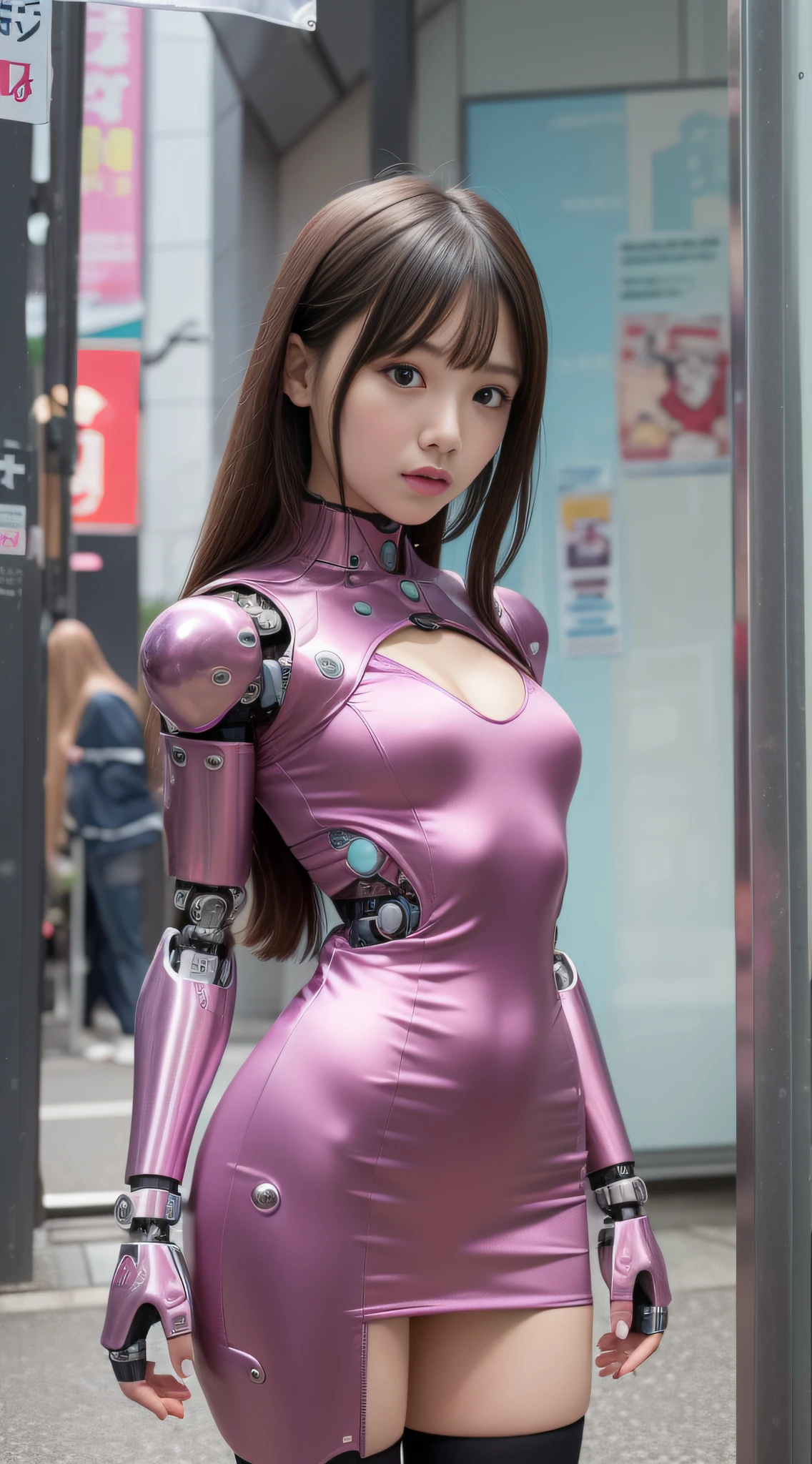 (Photorealsitic:1.4)、Onegirl、(top-quality),(hyperdetailed face)、(Super well-formed face)、((Robot Parts))、(Cyborg girl)、(Burgundy)、(metalic)、(fullllbody)、(sexy  pose)、(Slender body)、(tits out)、(Model body type)、(mecha exposure)、(akihabara)、(is looking at the camera)、(A dark-haired)、(９Head and body)、(a small face)、(Idol)、(front facing)、(is standing)、(Photo session)、(Looks sad)、(Cyborg girl in pink satin dress)、(sleeve less)、(a miniskirt)