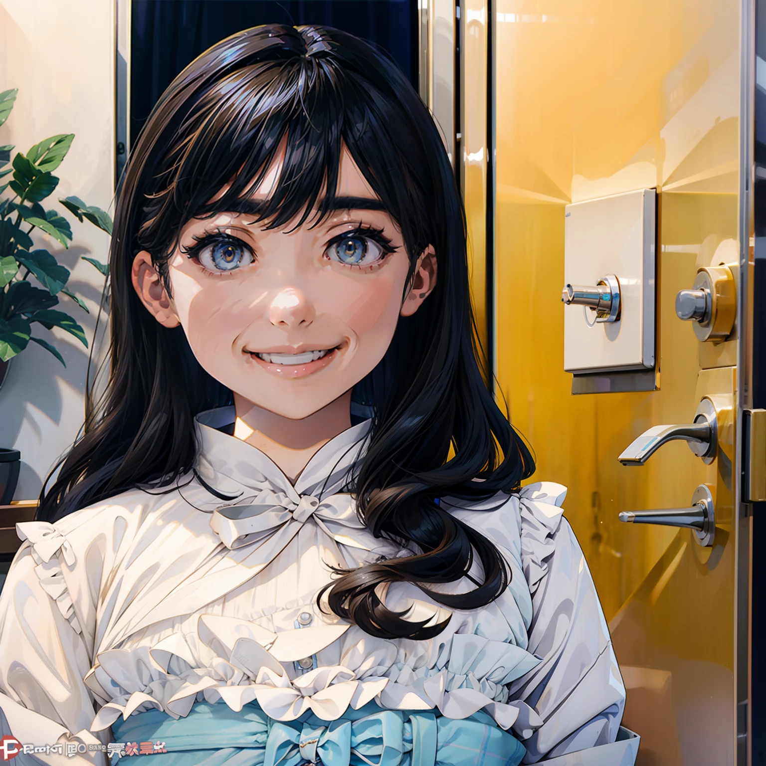 When you open the door of the apartment、The woman who greets you with a smile has long and detailed hair [(​masterpiece)、(top-quality)] We will welcome you with the work of。