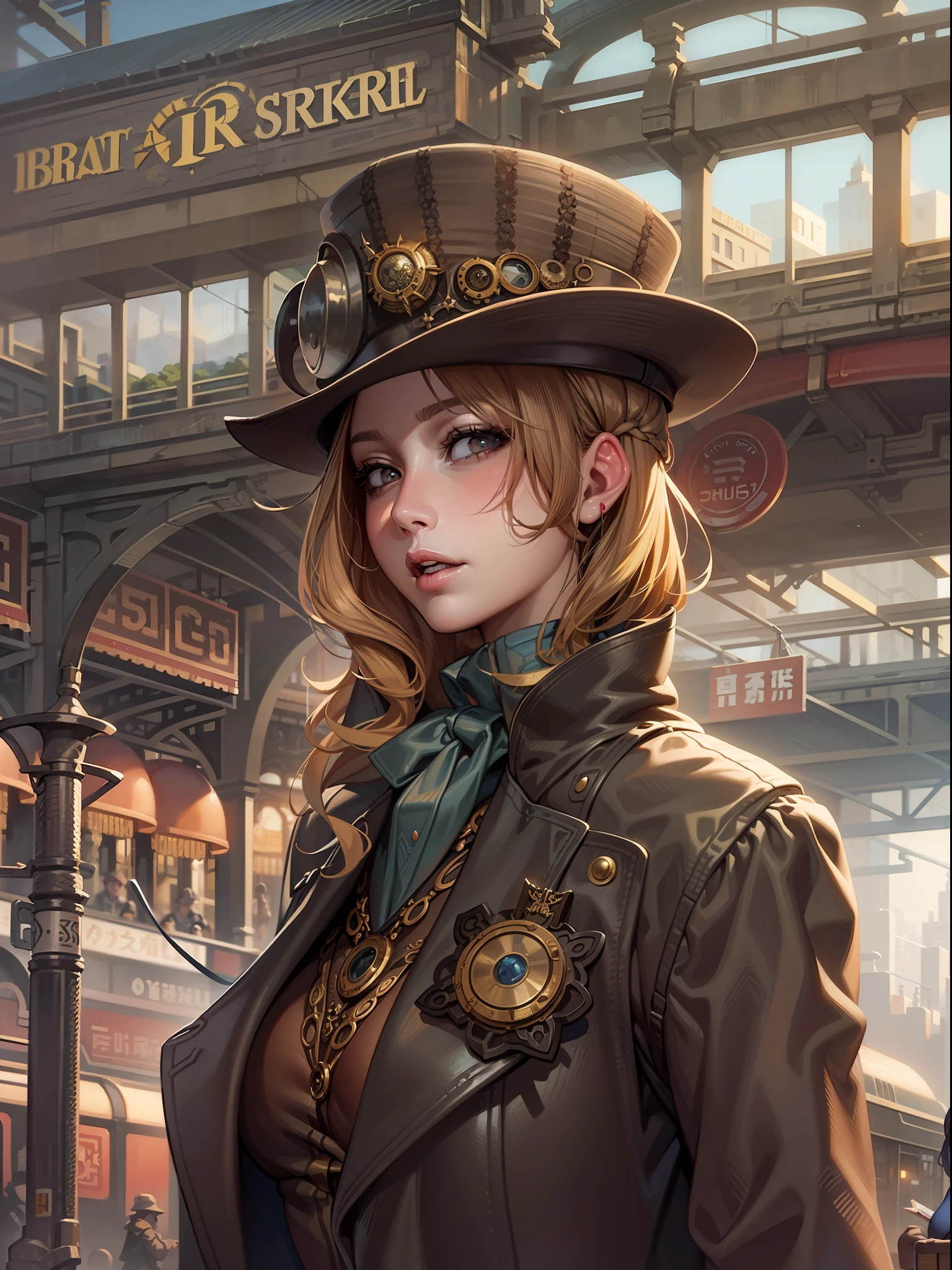 anime - style illustration of a woman in a hat and coat standing in front of a train station, a character portrait by Ni Yuanlu, cgsociety contest winner, fantasy art, steampunk beautiful anime woman, steampunk fantasy style, in steampunk cityscape, steampunk illustration, steampunk concept art, inspired victorian sci - fi, steampunk girl, steampunk world, lofi steampunk bioshock portrait