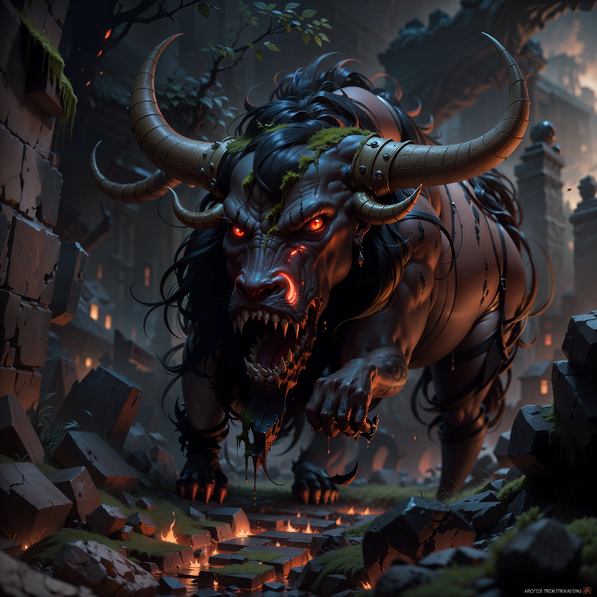 ((A huge yak)), greek myth, Monster, musculature, The sky and the earth are dark,salama,(Stomping on all fours)(The stone walls are covered with moss), Madness, ,Blood red eyes,
insanely details, Intricate details, ultra - detailed,
((Comic book style)), mistic, elegant, ((Domineering look)), dangers, (Fear and terror), Mordor, Creepy, Darkest horror background,
(Skin texture), intricately details, Fine details, ultra - detailed, Ray traching, Subsurface scattering, diffused soft lighting, Shallow depth of field, By (Oliver Wetter)
trending on artstationh, trending on CGSociety, Intricate, High detail, Sharp focus, Dramatic, photorealistic painting art by midjourney and greg rutkowski, Bokeh on the background,(Wide angle 1:3),