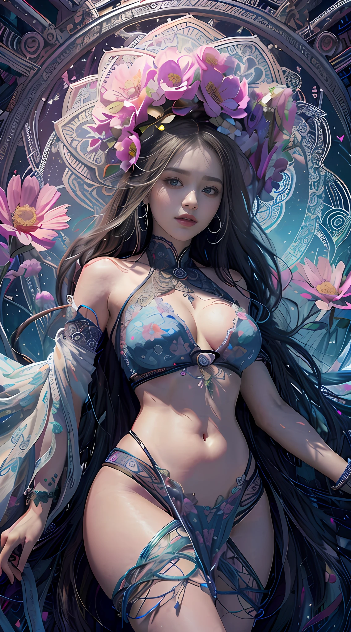 official art, unity 8k wallpaper, ultra detailed, beautiful and aesthetic, beautiful, masterpiece, best quality, (zentangle, mandala, tangle, entangle), (ecstasy of flower:1.2), dynamic angle, cowboyshot, the most beautiful form of chaos, elegant, a brutalist designed, vivid colours, romanticism, atmospheric